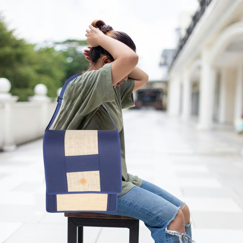 DENION Office Jute Laptop &Tablet Messenger Bag | Fits up to 12 Inch Devices | 3 Compartments | 14x12x4 Inches Eco-Friendly Professional Shoulder &Hand Bag- Blue
