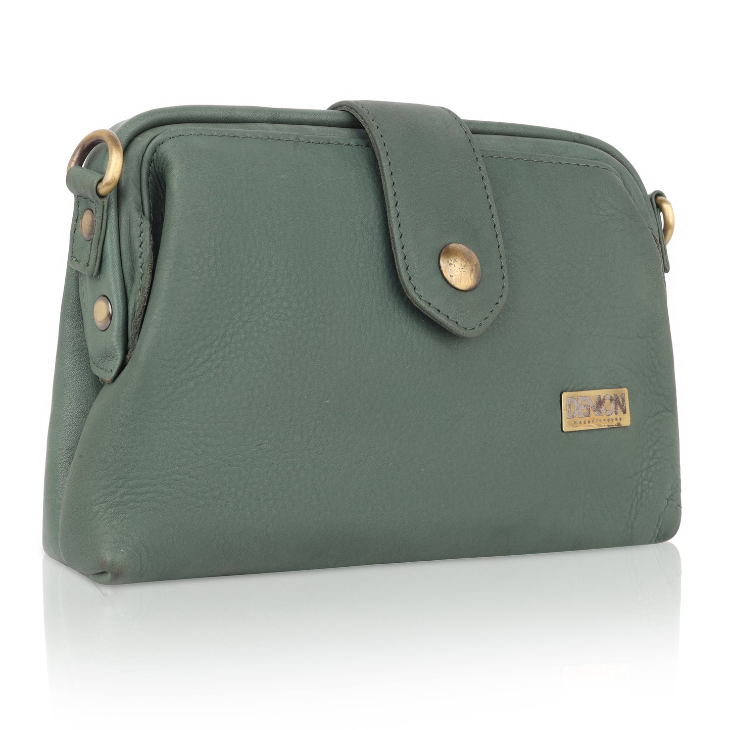 Denion Women’s Green Leather Sling & Crossbody Bag – Compact Shoulder Handbag with Vintage Gold Detailing