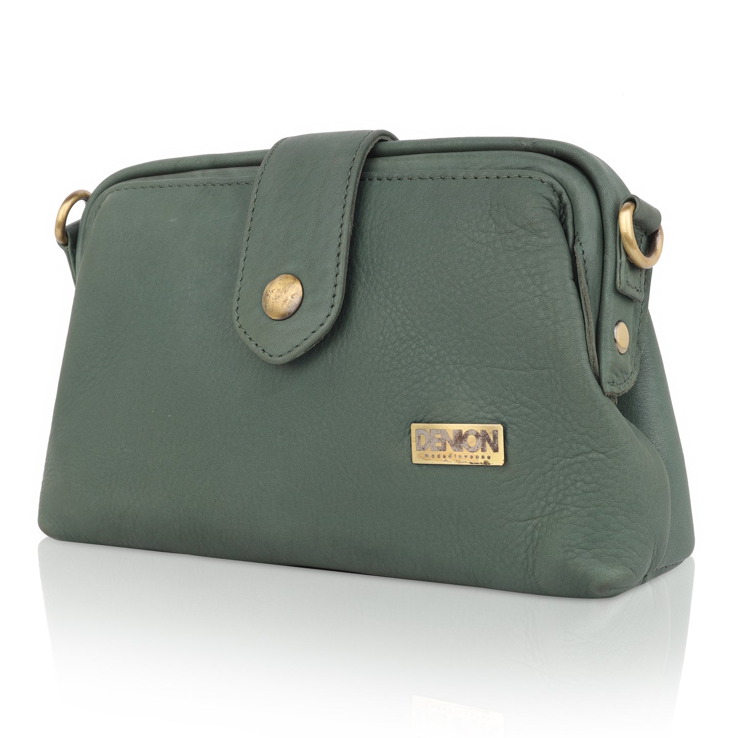 Denion Women’s Green Leather Sling & Crossbody Bag – Compact Shoulder Handbag with Vintage Gold Detailing