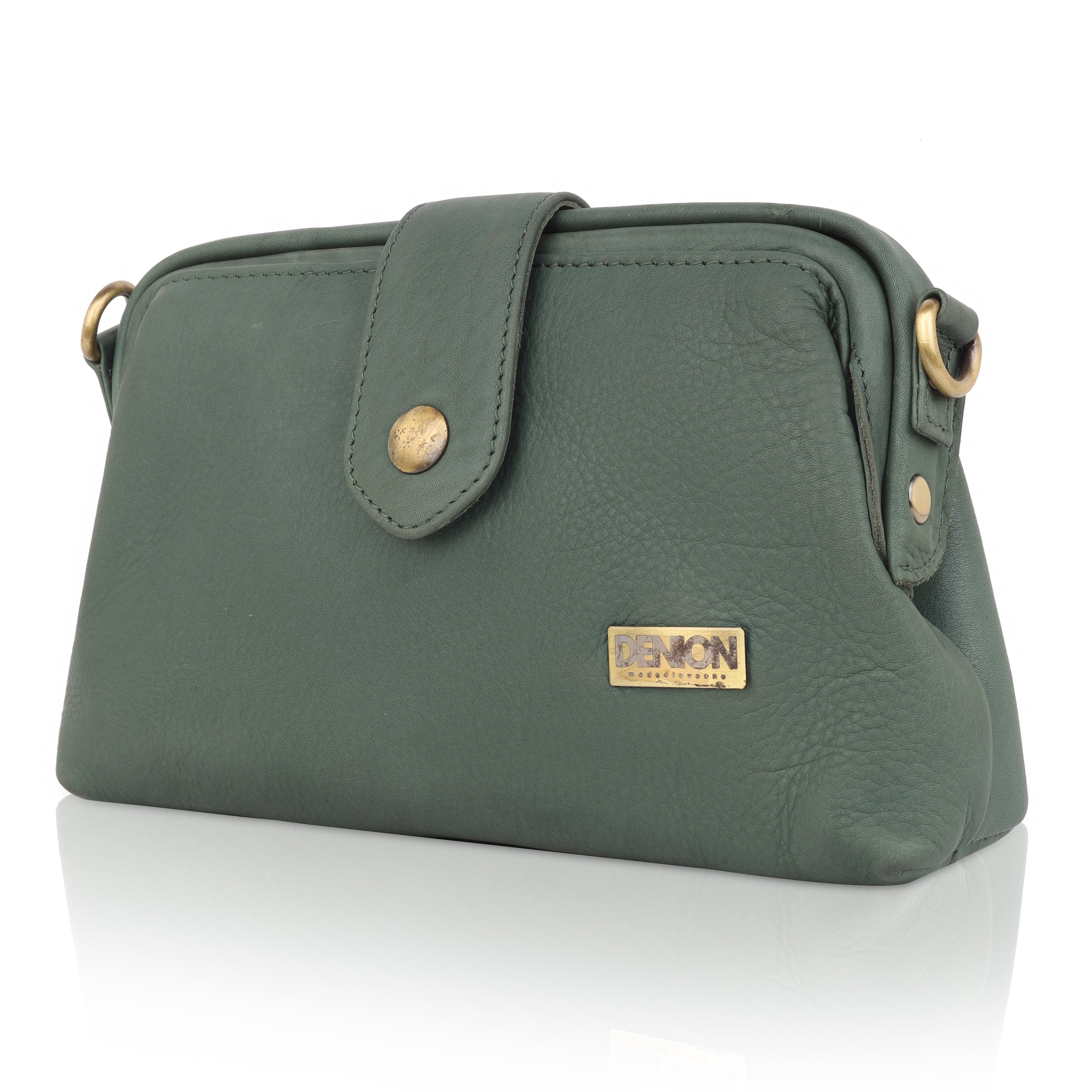 Denion Women’s Green Leather Sling & Crossbody Bag – Compact Shoulder Handbag with Vintage Gold Detailing