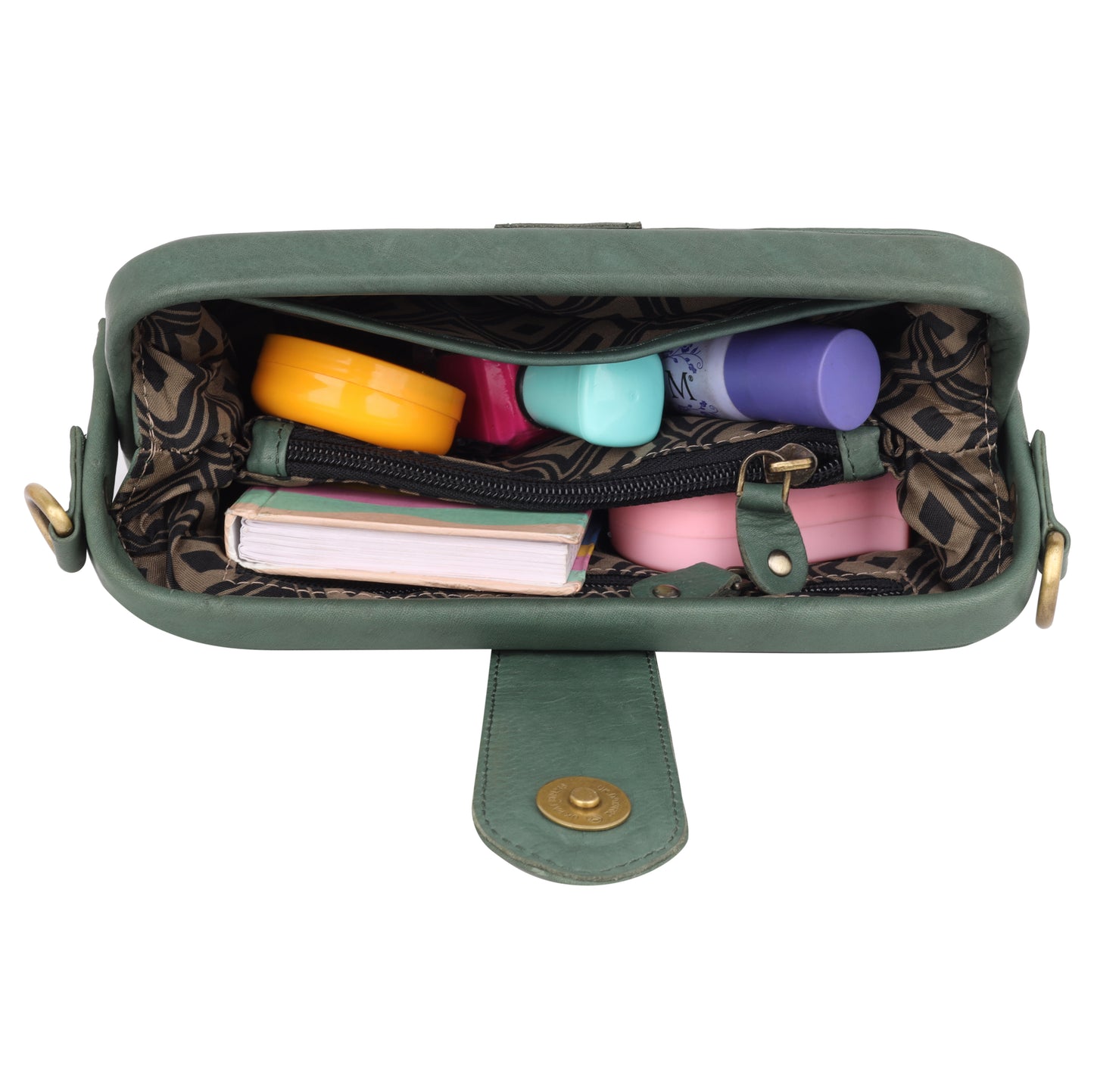Denion Women’s Green Leather Sling & Crossbody Bag – Compact Shoulder Handbag with Vintage Gold Detailing