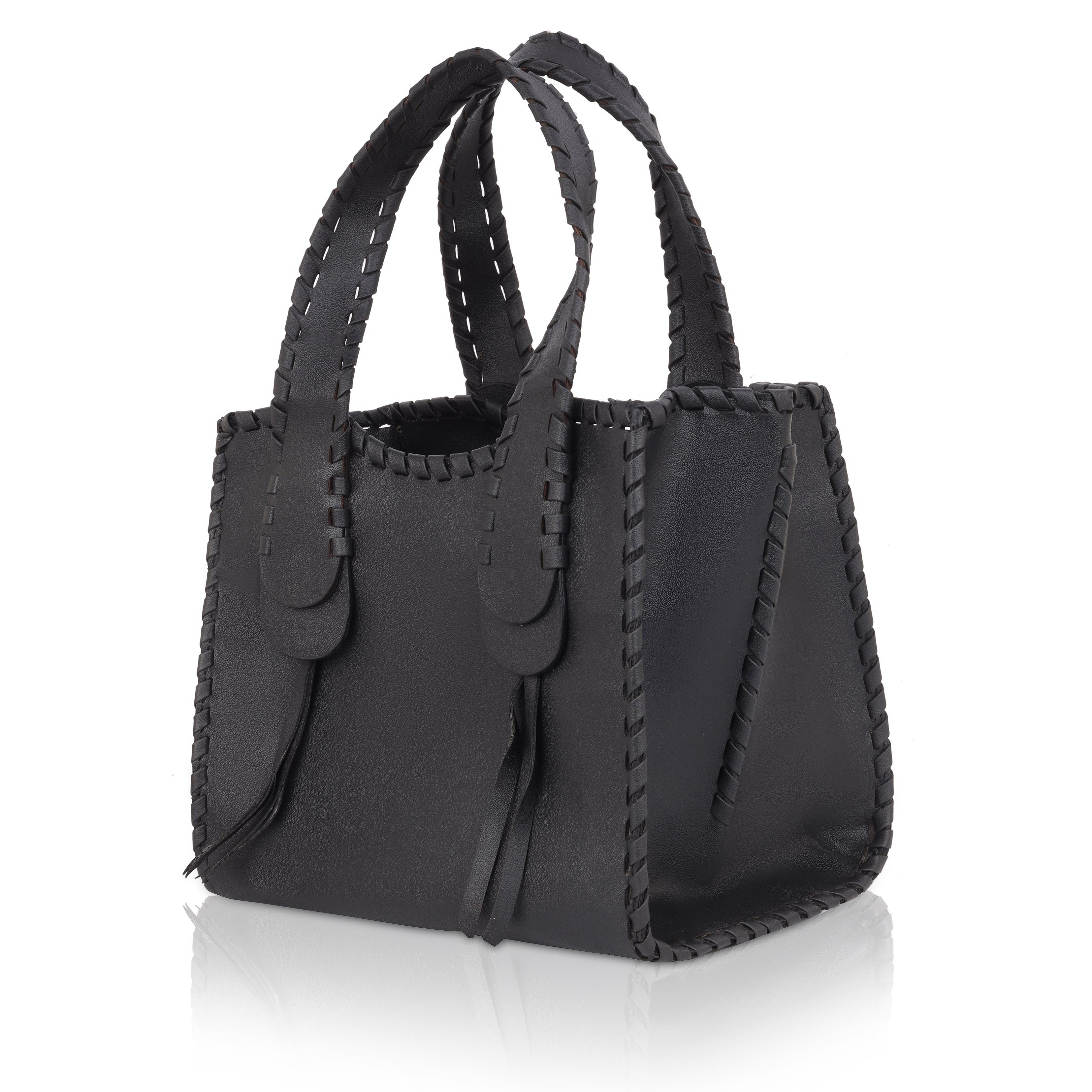 Denion Stylish Black Leather Tote – Handwoven Design Shoulder & Handbag for Women