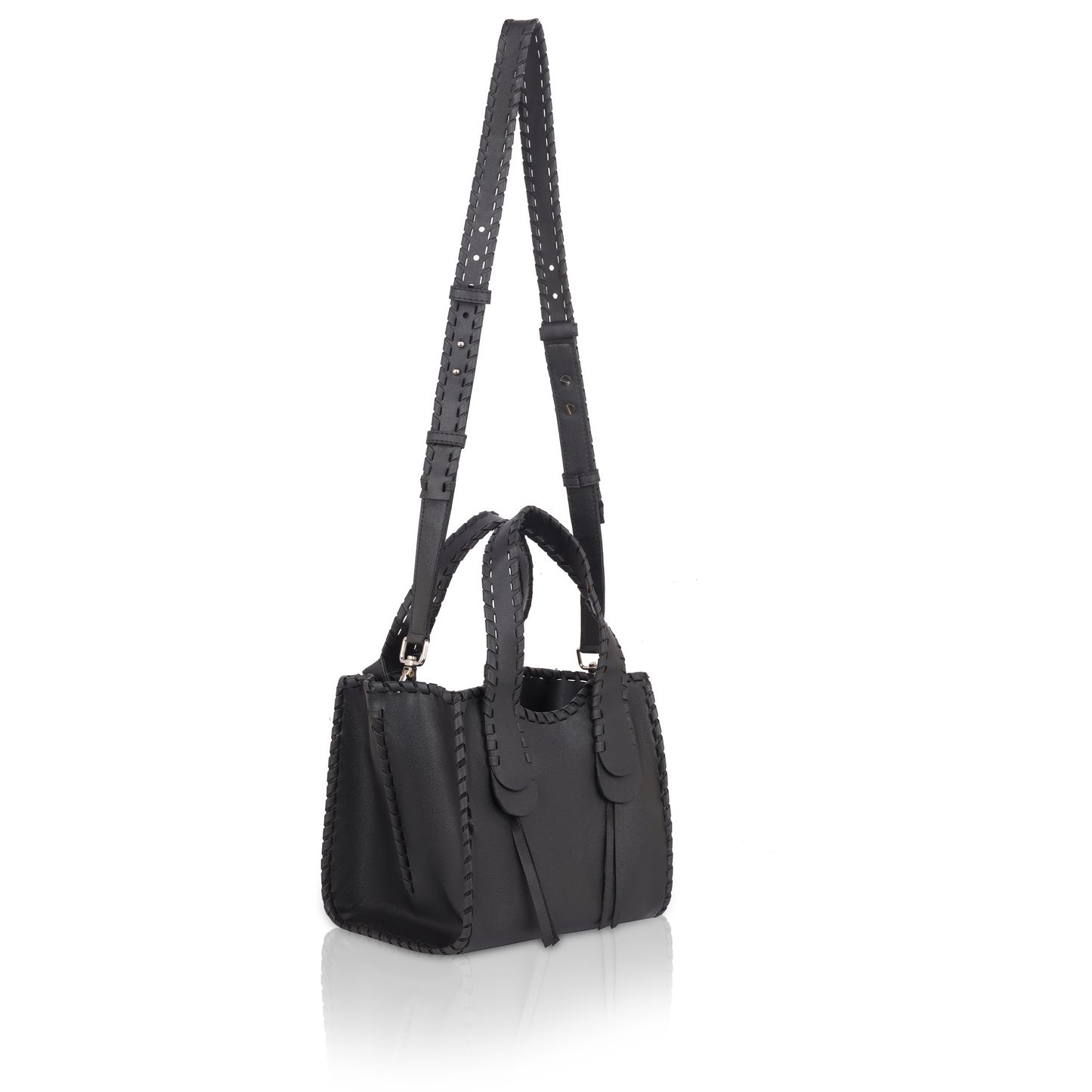 Denion Stylish Black Leather Tote – Handwoven Design Shoulder & Handbag for Women