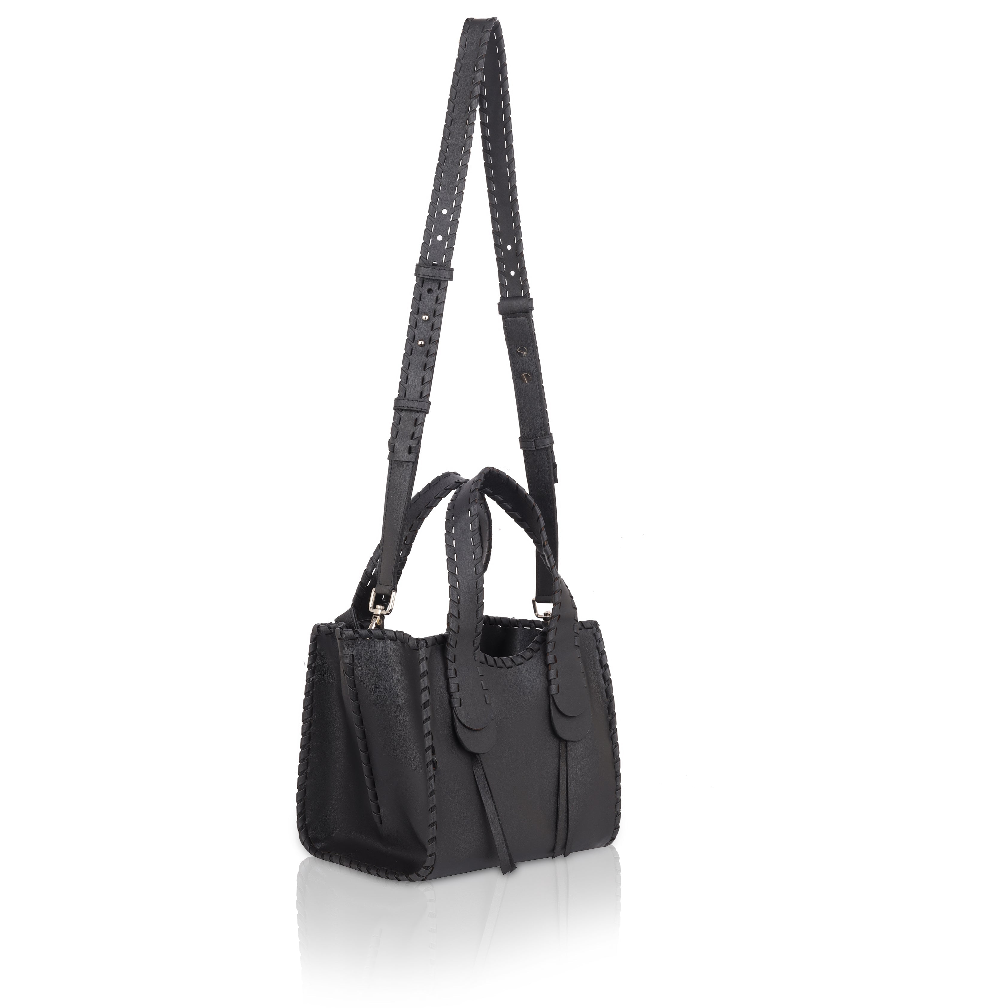 Denion Stylish Black Leather Tote – Handwoven Design Shoulder & Handbag for Women