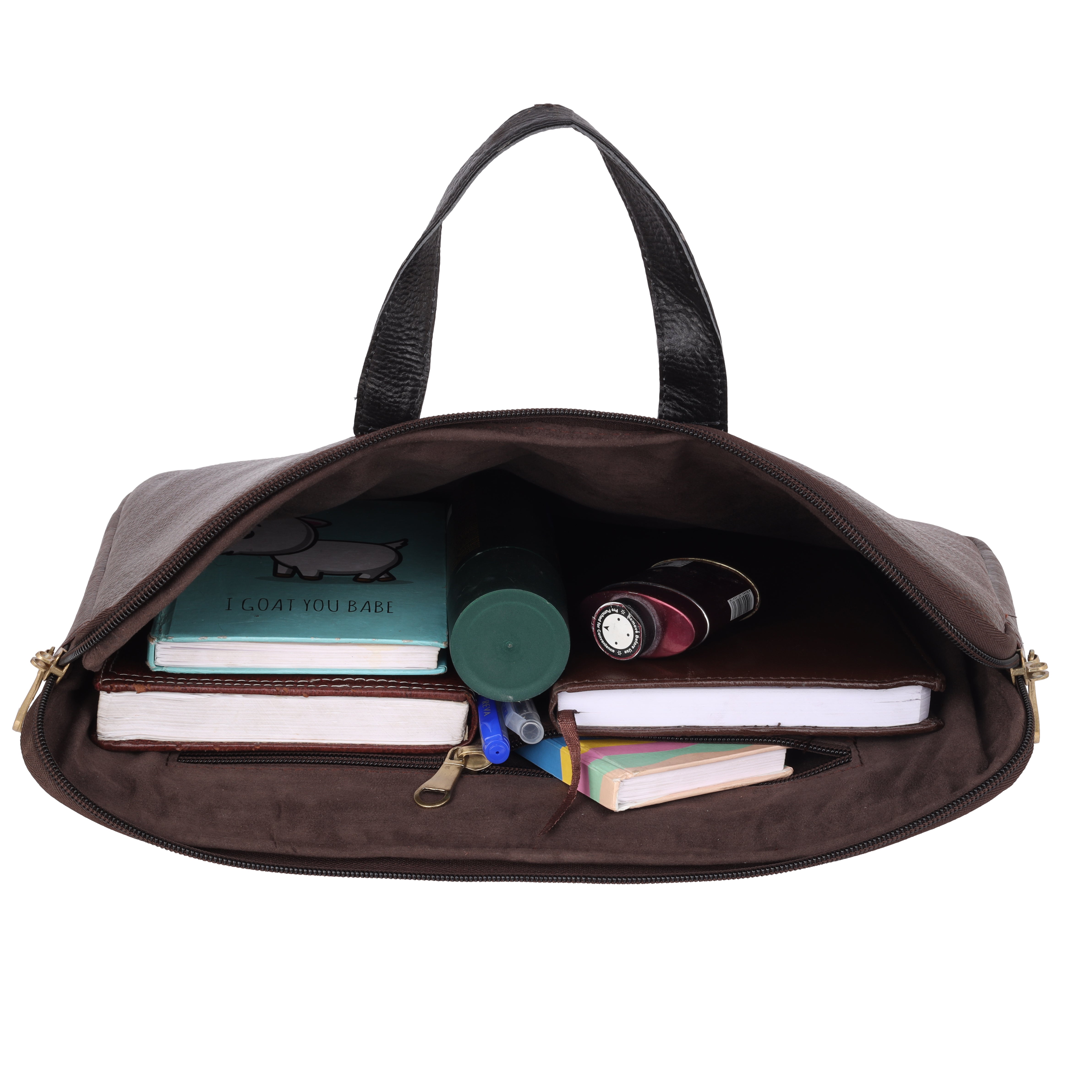 Denion Classic Brown Leather Laptop Bag with Dual Handles