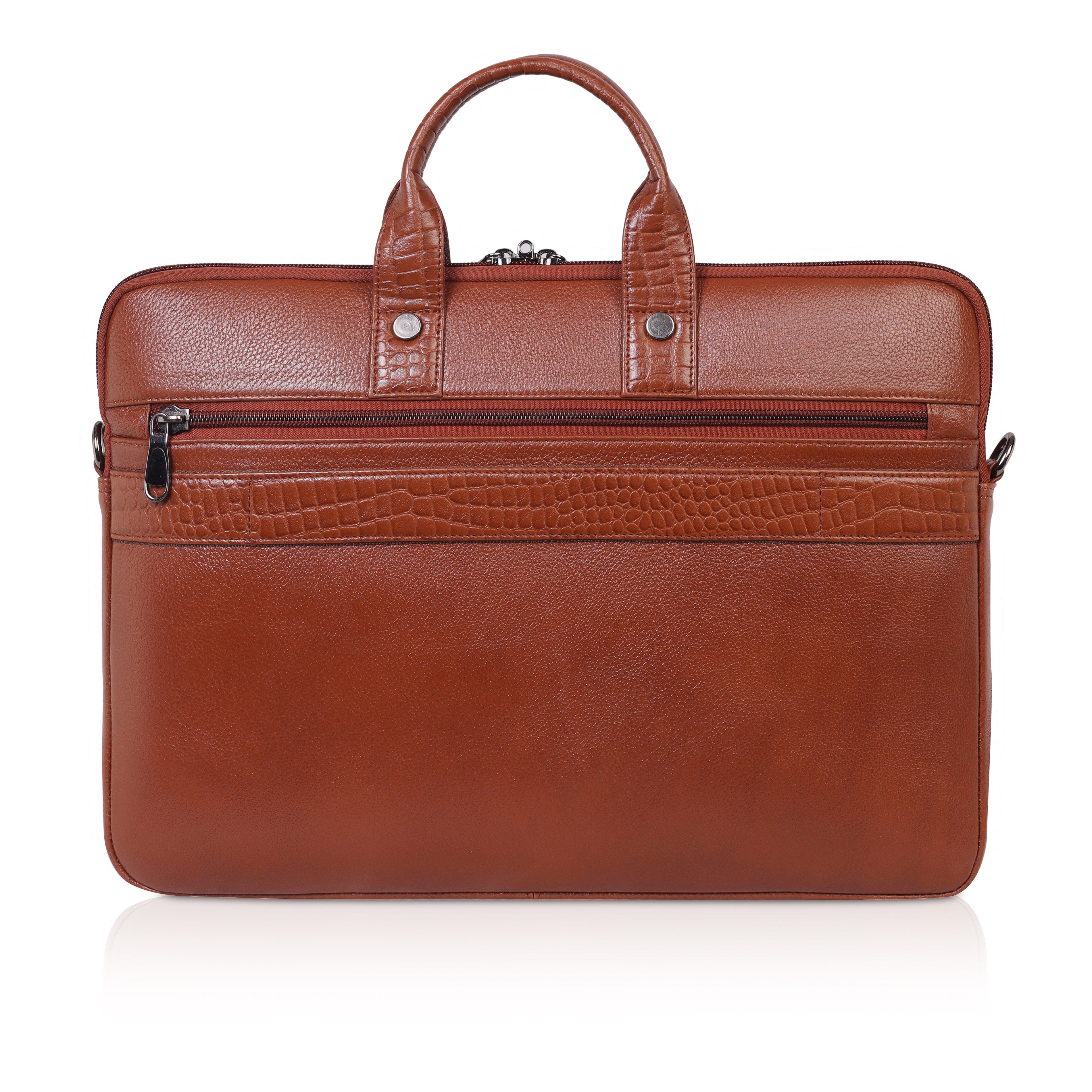Premium Tan Leather Laptop Bag with Crocodile Design – Denion Business Collection