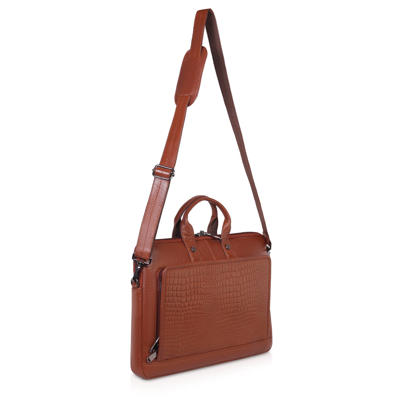 Premium Tan Leather Laptop Bag with Crocodile Design – Denion Business Collection