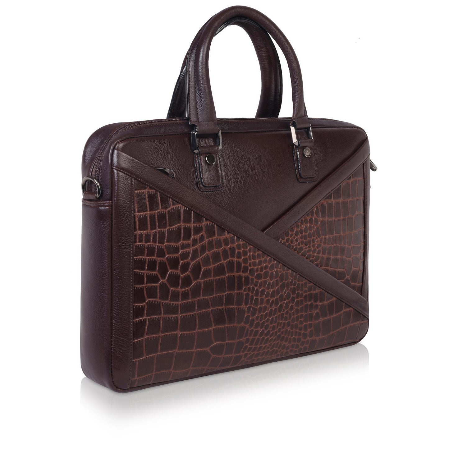 Denion 16-Inch Genuine Leather Laptop Bag – Crocodile Textured Design, Brown