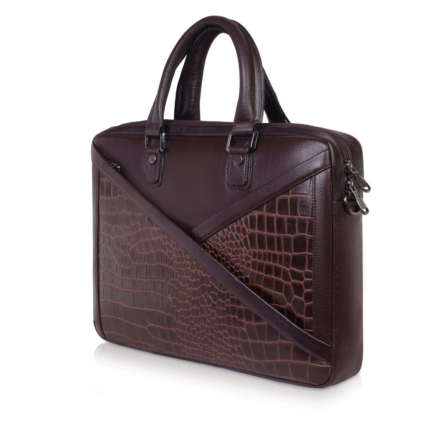 Denion 16-Inch Genuine Leather Laptop Bag – Crocodile Textured Design, Brown