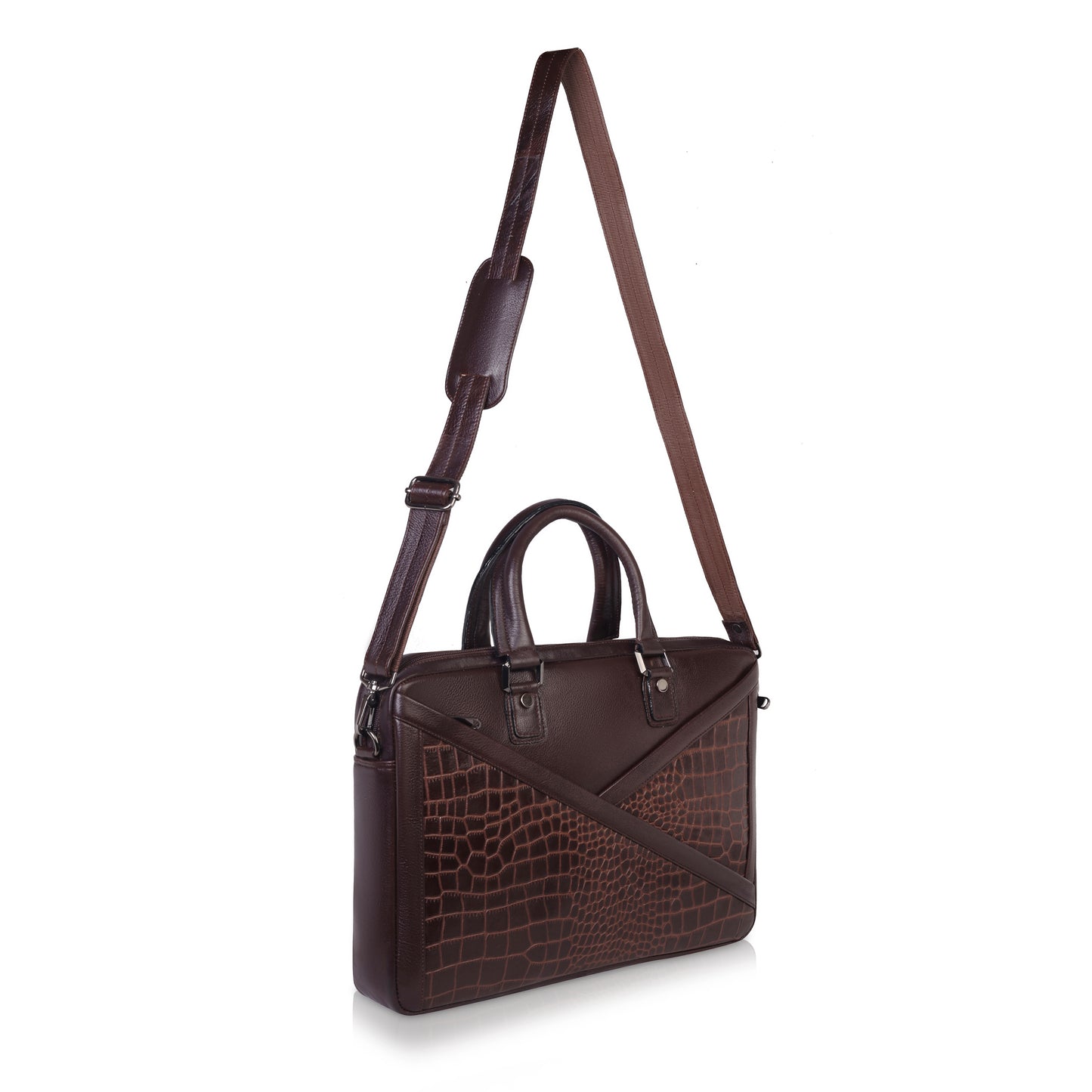 Denion 16-Inch Genuine Leather Laptop Bag – Crocodile Textured Design, Brown