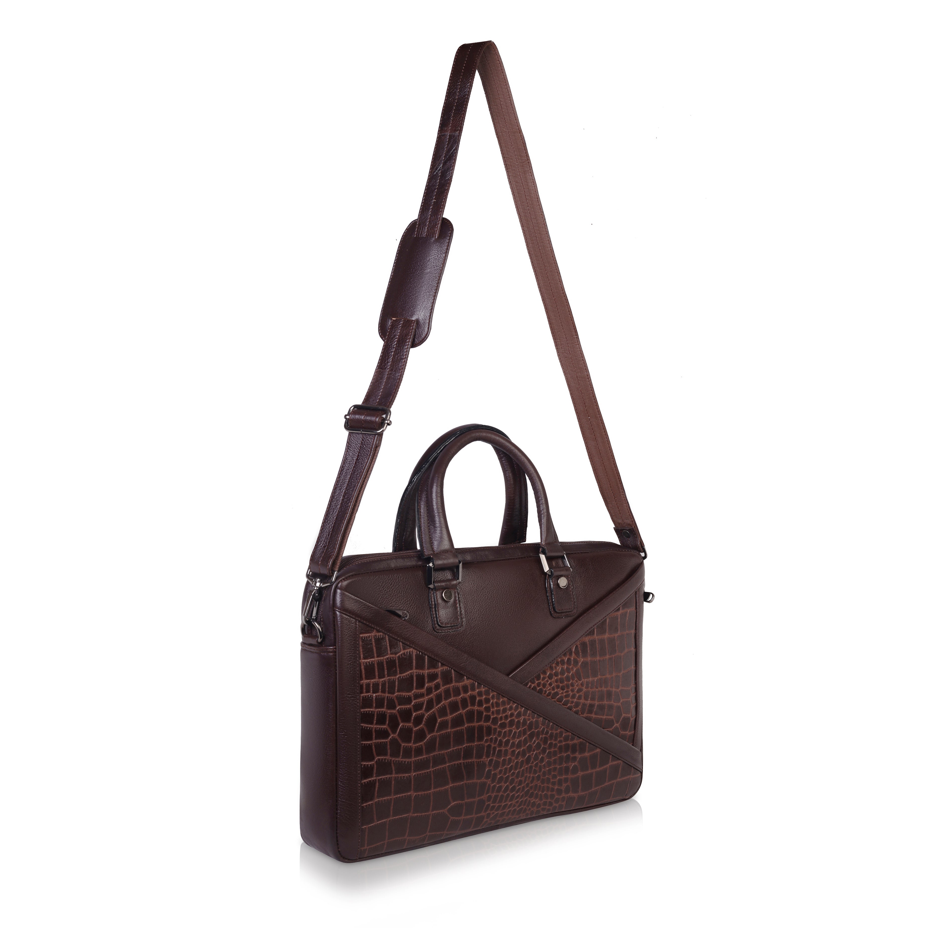 Denion 16-Inch Genuine Leather Laptop Bag – Crocodile Textured Design, Brown