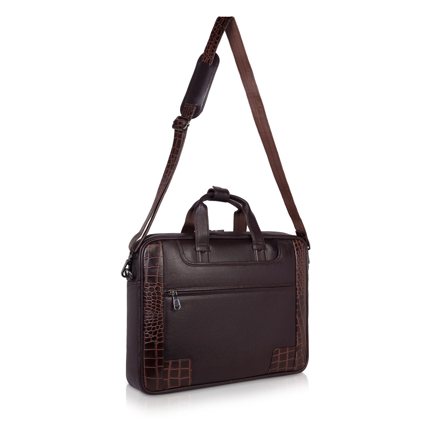 Luxury Dark Brown Leather Laptop Bag with Crocodile-Embossed Design – 16 Inch Business Bag