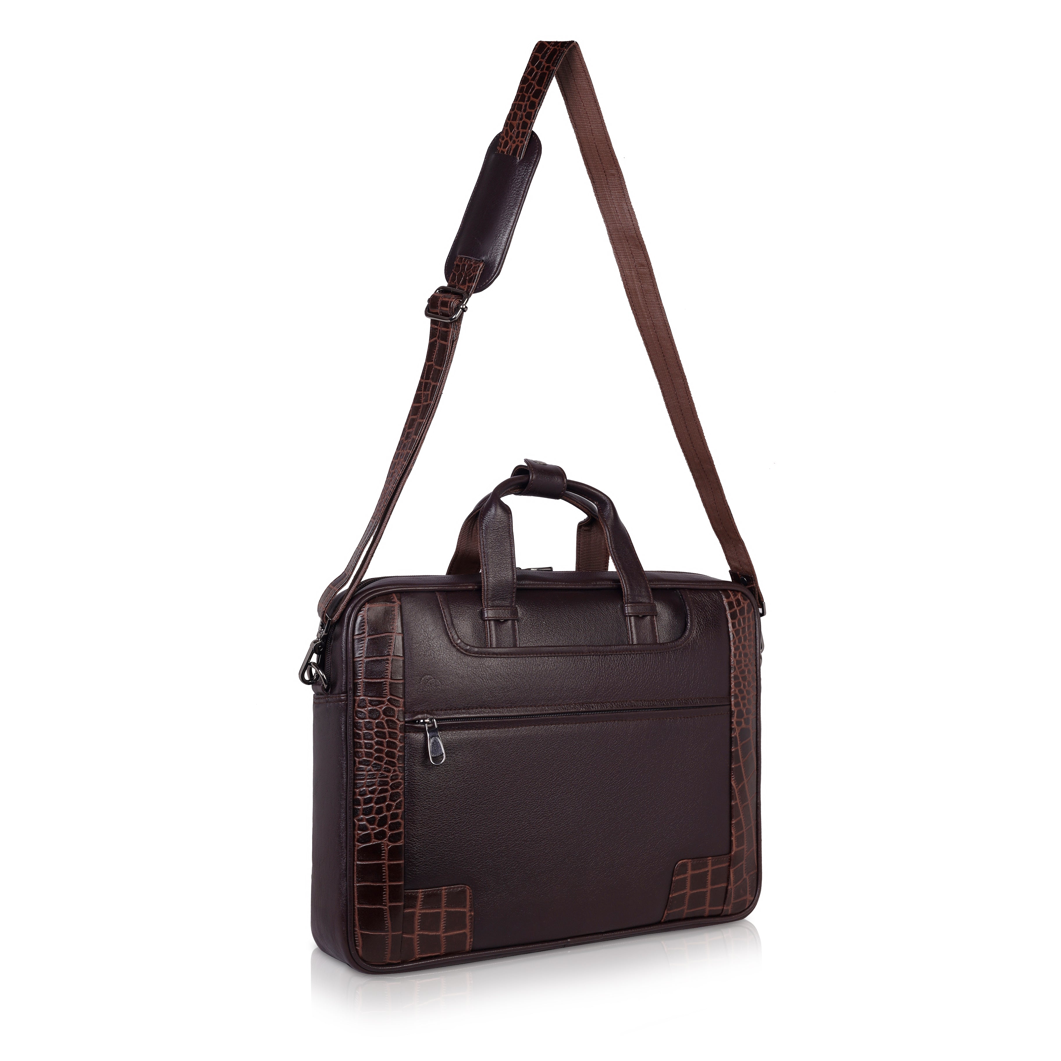 Luxury Dark Brown Leather Laptop Bag with Crocodile-Embossed Design – 16 Inch Business Bag