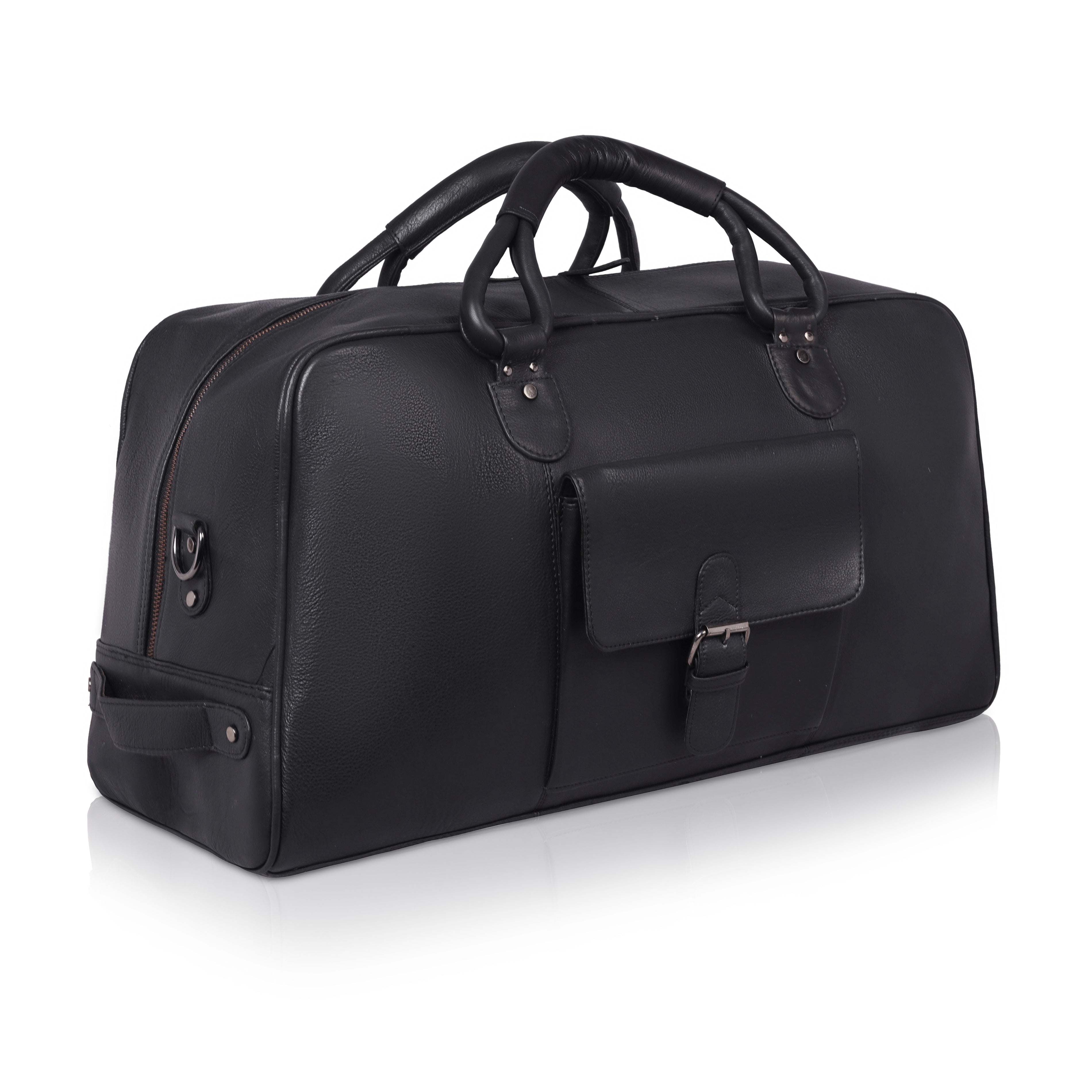 Denion Classic Black Leather Travel Duffel Bag with Shoulder Strap – Spacious Overnight & Weekender Bag"