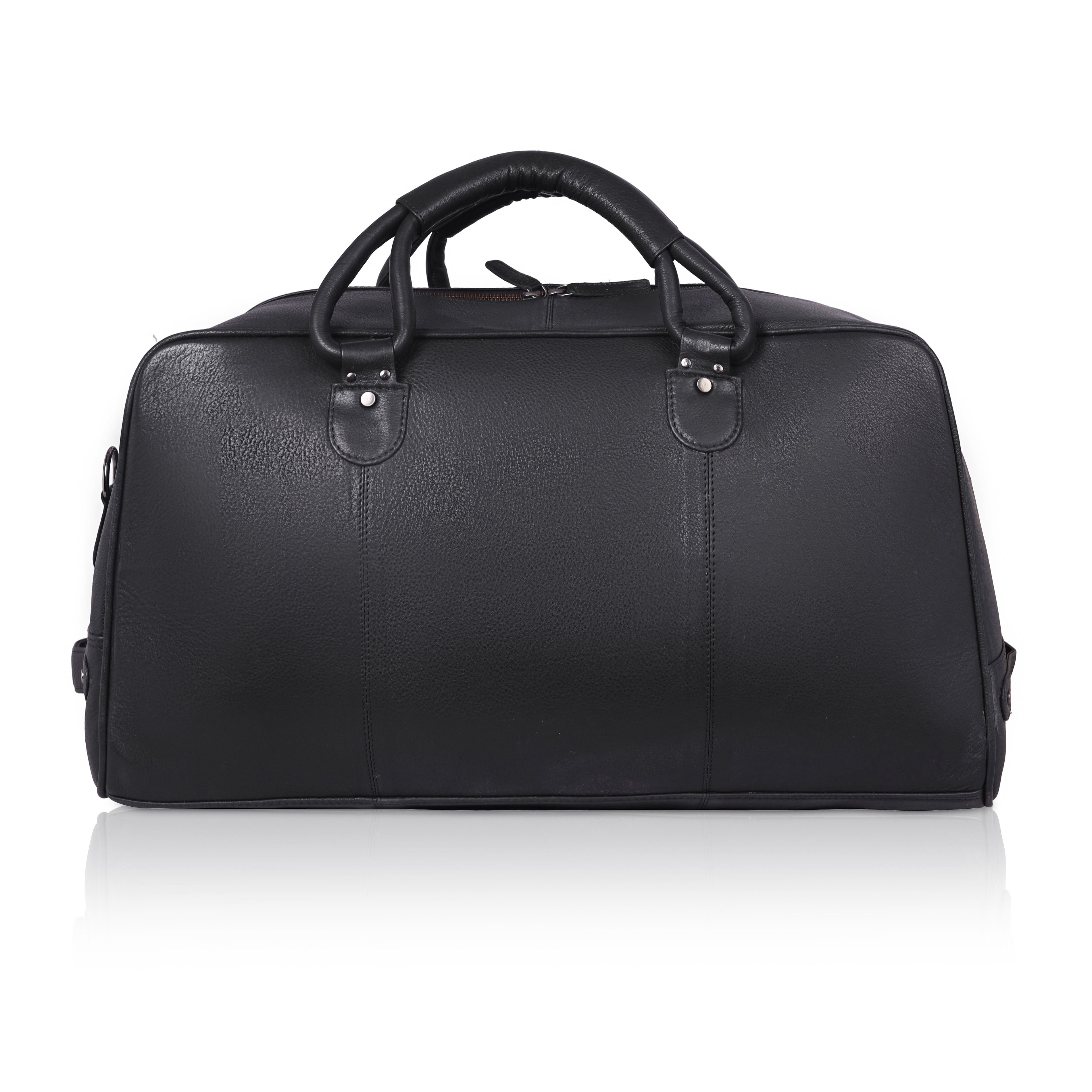 Denion Classic Black Leather Travel Duffel Bag with Shoulder Strap – Spacious Overnight & Weekender Bag"