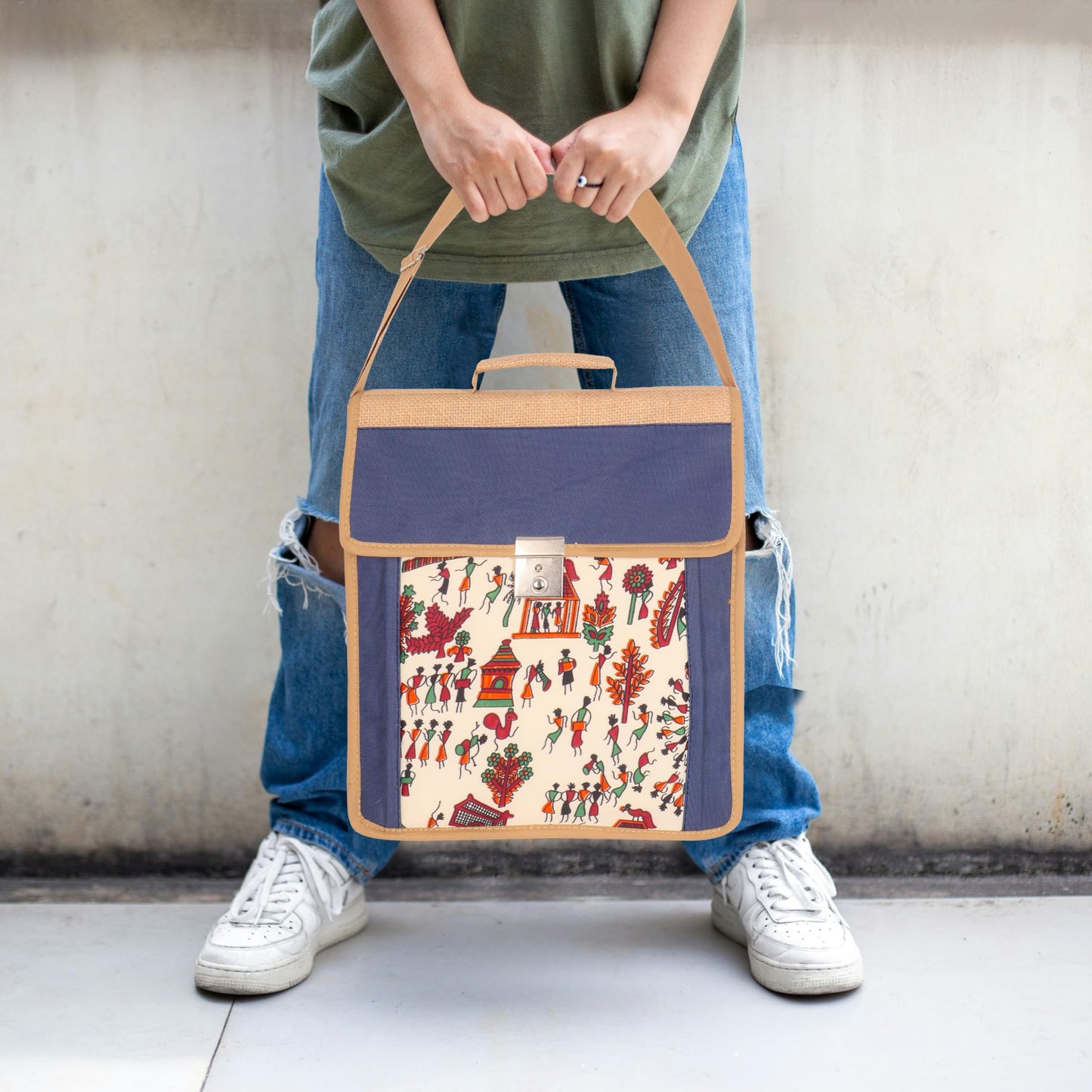 DENION Office Jute Laptop &Tablet Messenger Bag | Fits up to 12 Inch Devices | 3 Compartments | 14x12x4 Inches Eco-Friendly Professional Shoulder &Hand Bag- Blue Printed