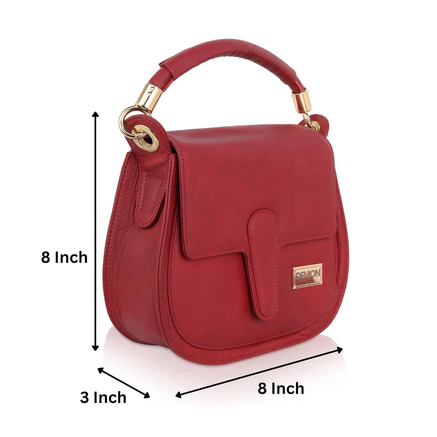 DENION Ladies Leather Handbag, 20x20x8 cm, Red, Premium Hardware with Adjustable Strap