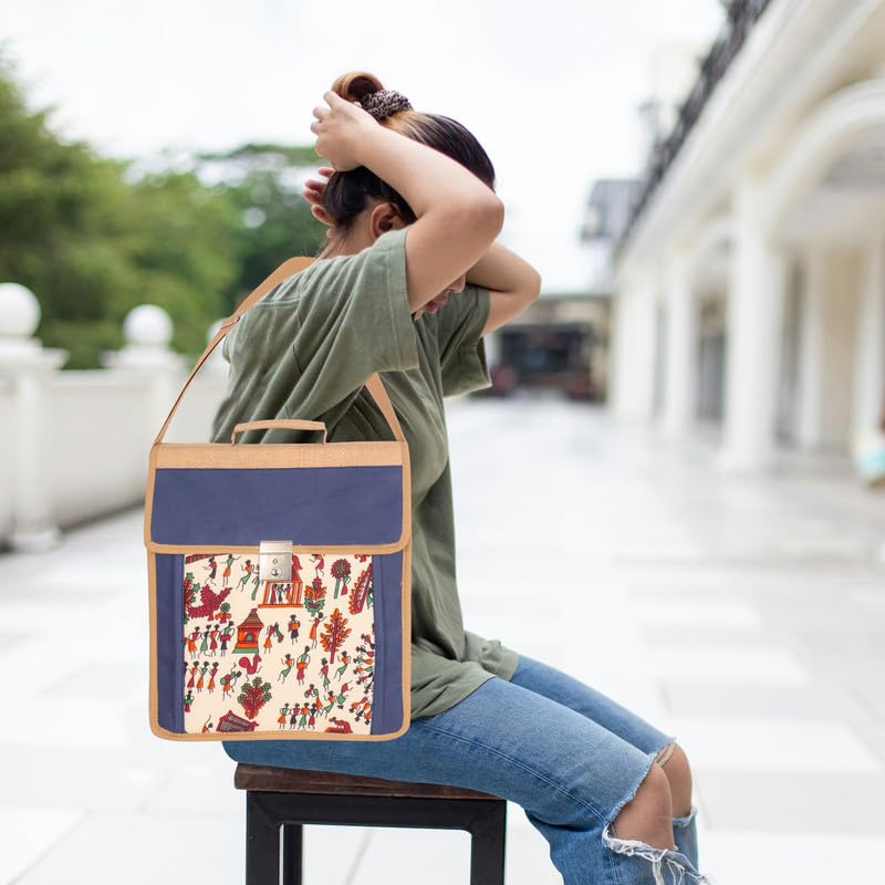 DENION Office Jute Laptop &Tablet Messenger Bag | Fits up to 12 Inch Devices | 3 Compartments | 14x12x4 Inches Eco-Friendly Professional Shoulder &Hand Bag- Blue Printed