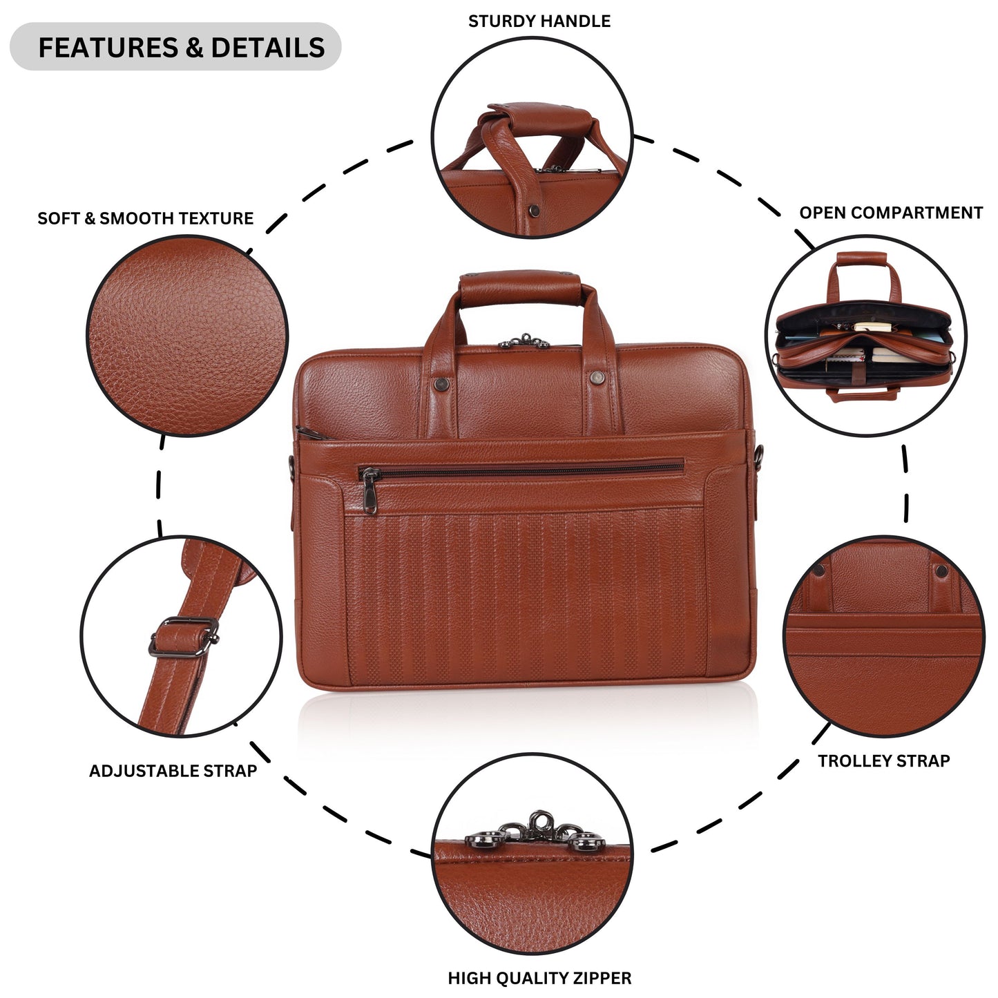 Denion Genuine Tan Leather Laptop Bag with Shoulder Strap – Executive Office Bag