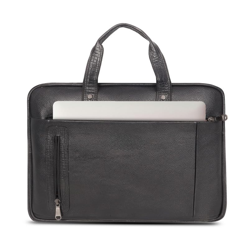 DENION Office Leather Laptop Messenger Bag for Men | Fits up to 16 Inch Laptops | 3 Compartments | 12x16x3 Inches Professional Shoulder &Hand Bag – Black Design 2