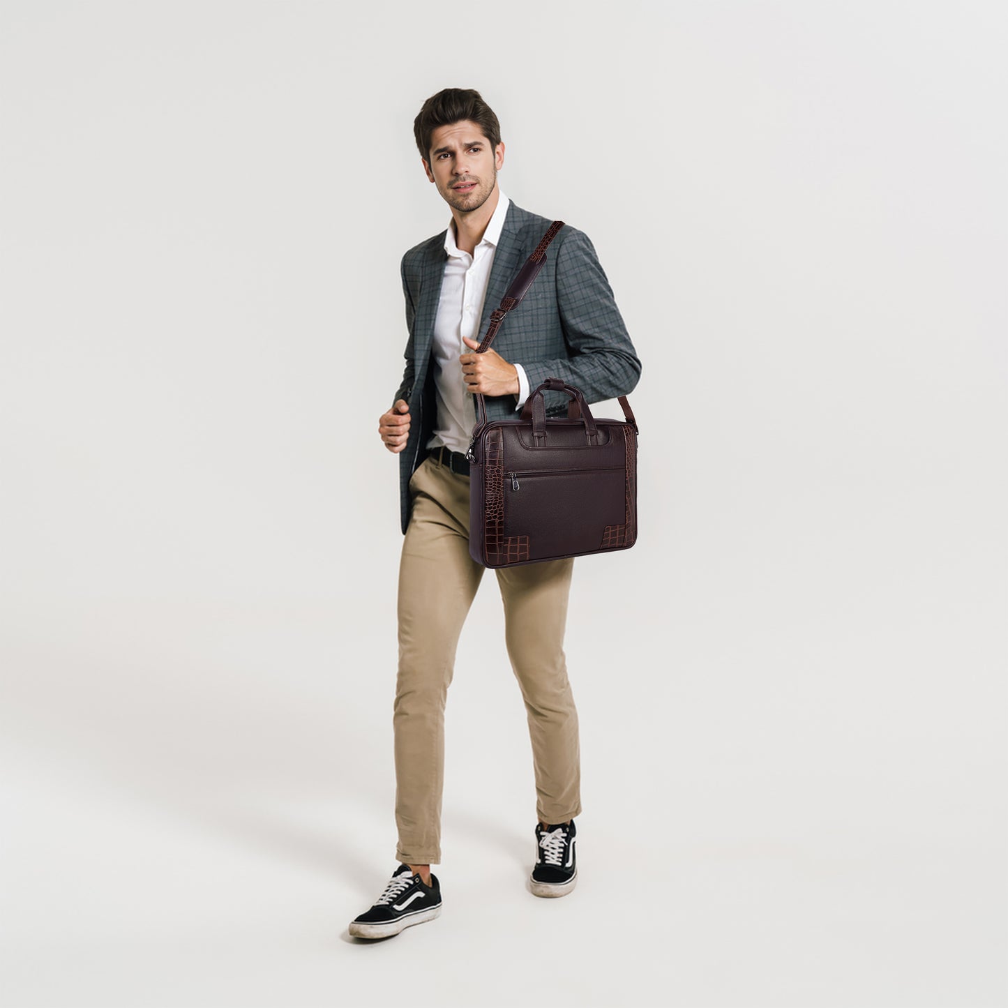 Luxury Dark Brown Leather Laptop Bag with Crocodile-Embossed Design – 16 Inch Business Bag