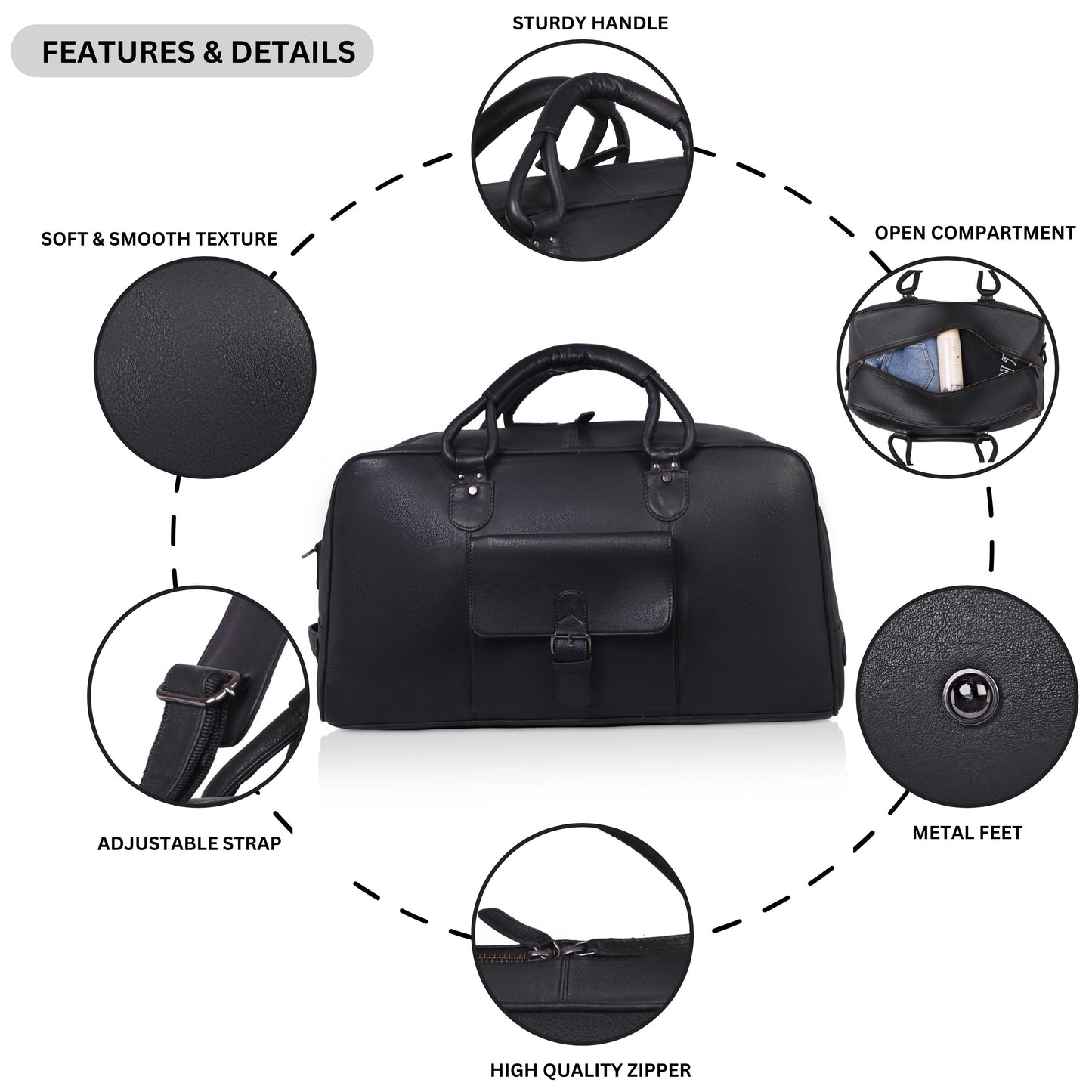 Denion Classic Black Leather Travel Duffel Bag with Shoulder Strap – Spacious Overnight & Weekender Bag"