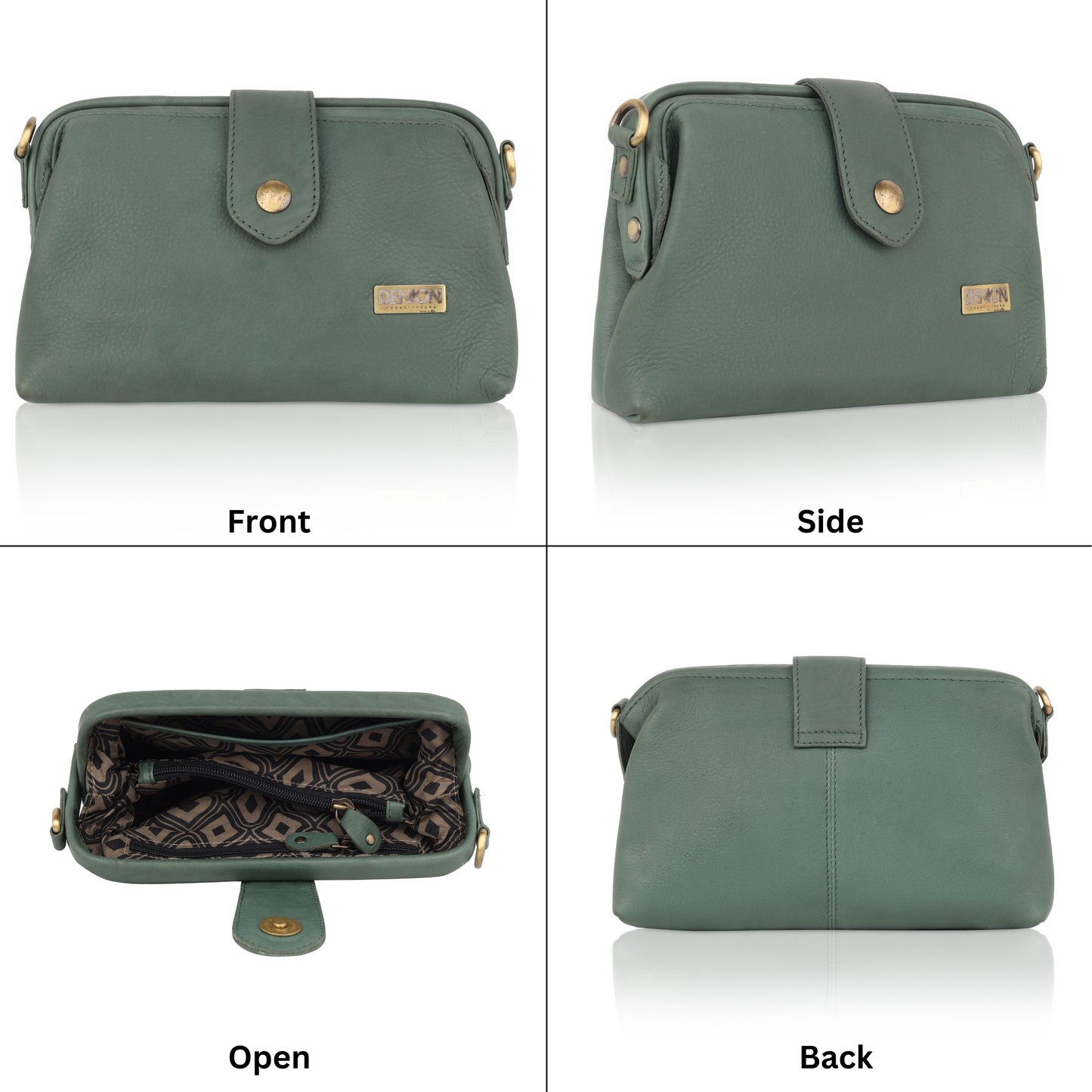 Denion Women’s Green Leather Sling & Crossbody Bag – Compact Shoulder Handbag with Vintage Gold Detailing