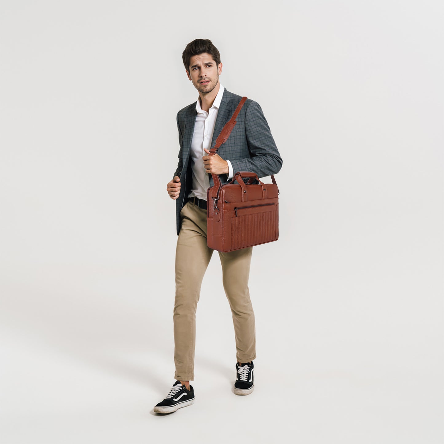 Denion Genuine Tan Leather Laptop Bag with Shoulder Strap – Executive Office Bag