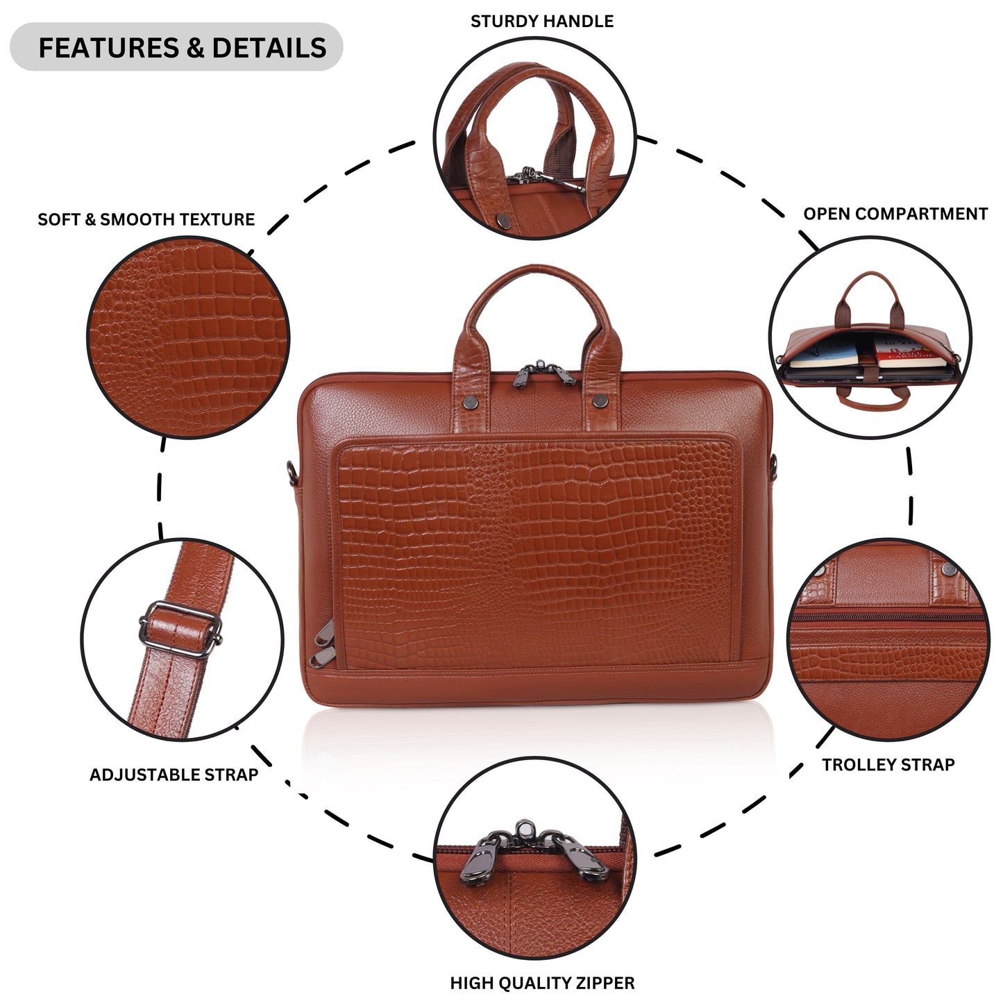 Premium Tan Leather Laptop Bag with Crocodile Design – Denion Business Collection