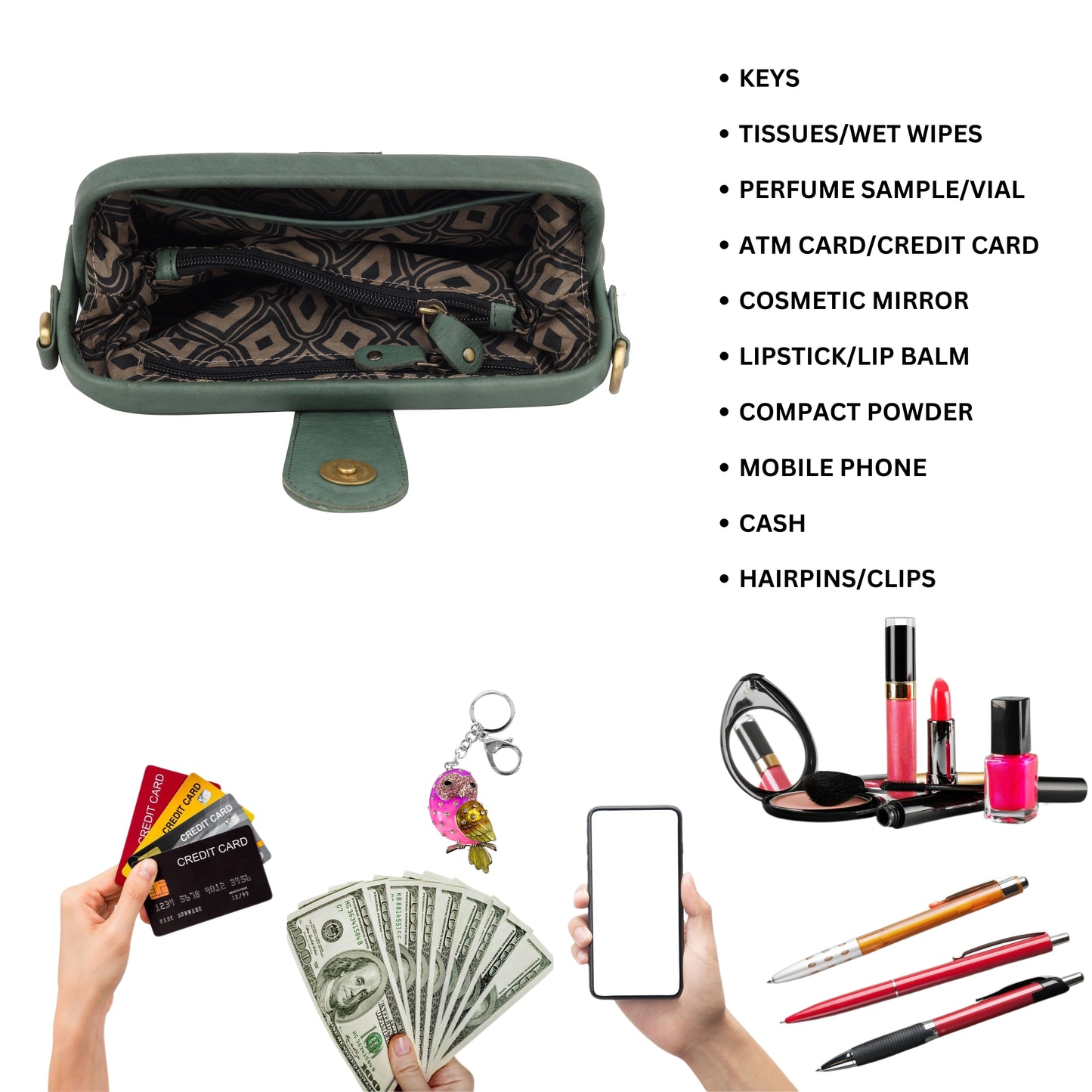Denion Women’s Green Leather Sling & Crossbody Bag – Compact Shoulder Handbag with Vintage Gold Detailing
