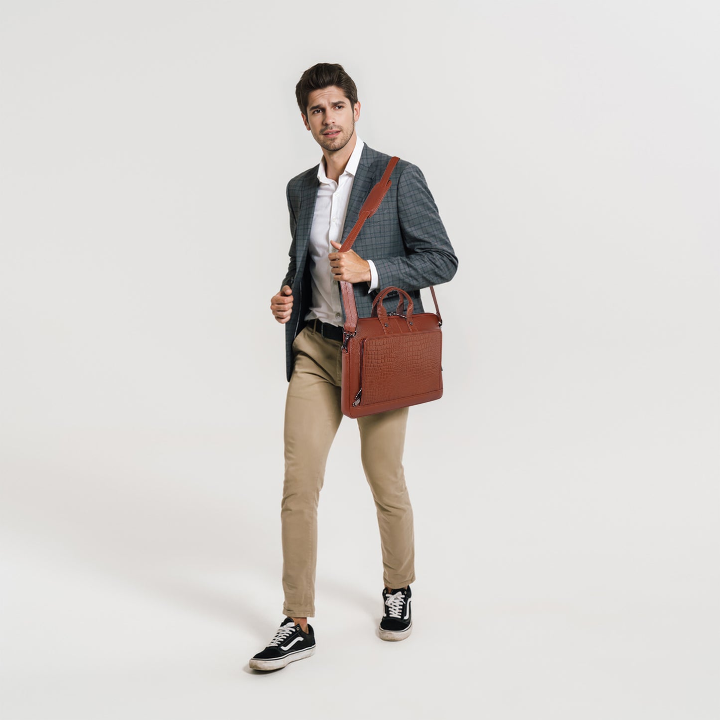 Premium Tan Leather Laptop Bag with Crocodile Design – Denion Business Collection