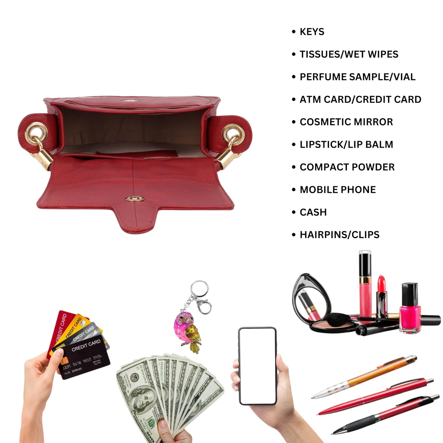 DENION Ladies Leather Handbag, 20x20x8 cm, Red, Premium Hardware with Adjustable Strap
