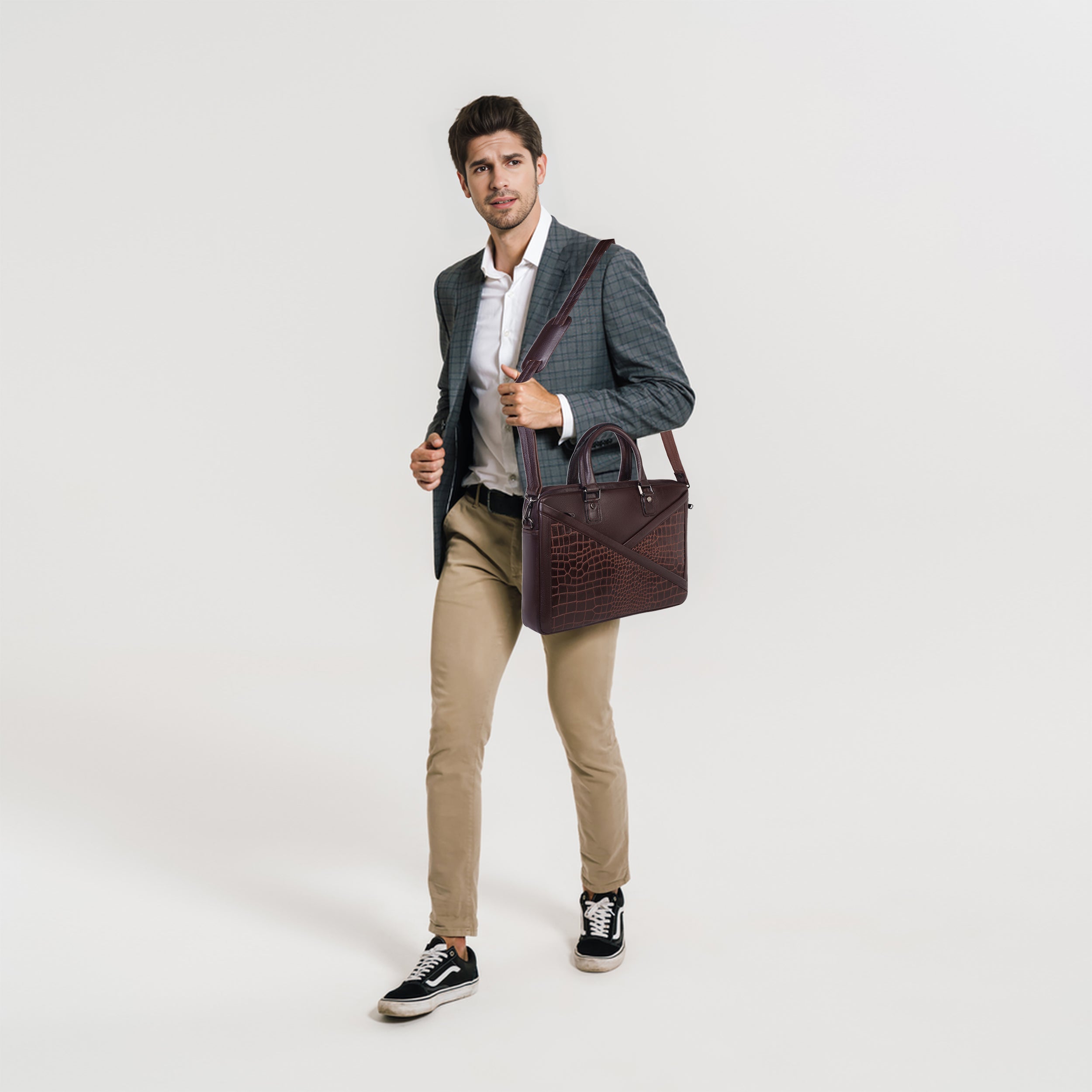 Denion 16-Inch Genuine Leather Laptop Bag – Crocodile Textured Design, Brown