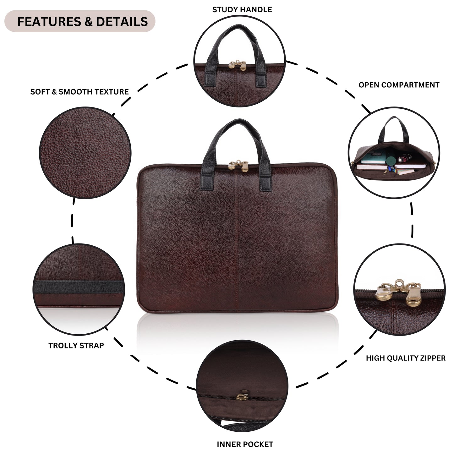 Denion Classic Brown Leather Laptop Bag with Dual Handles