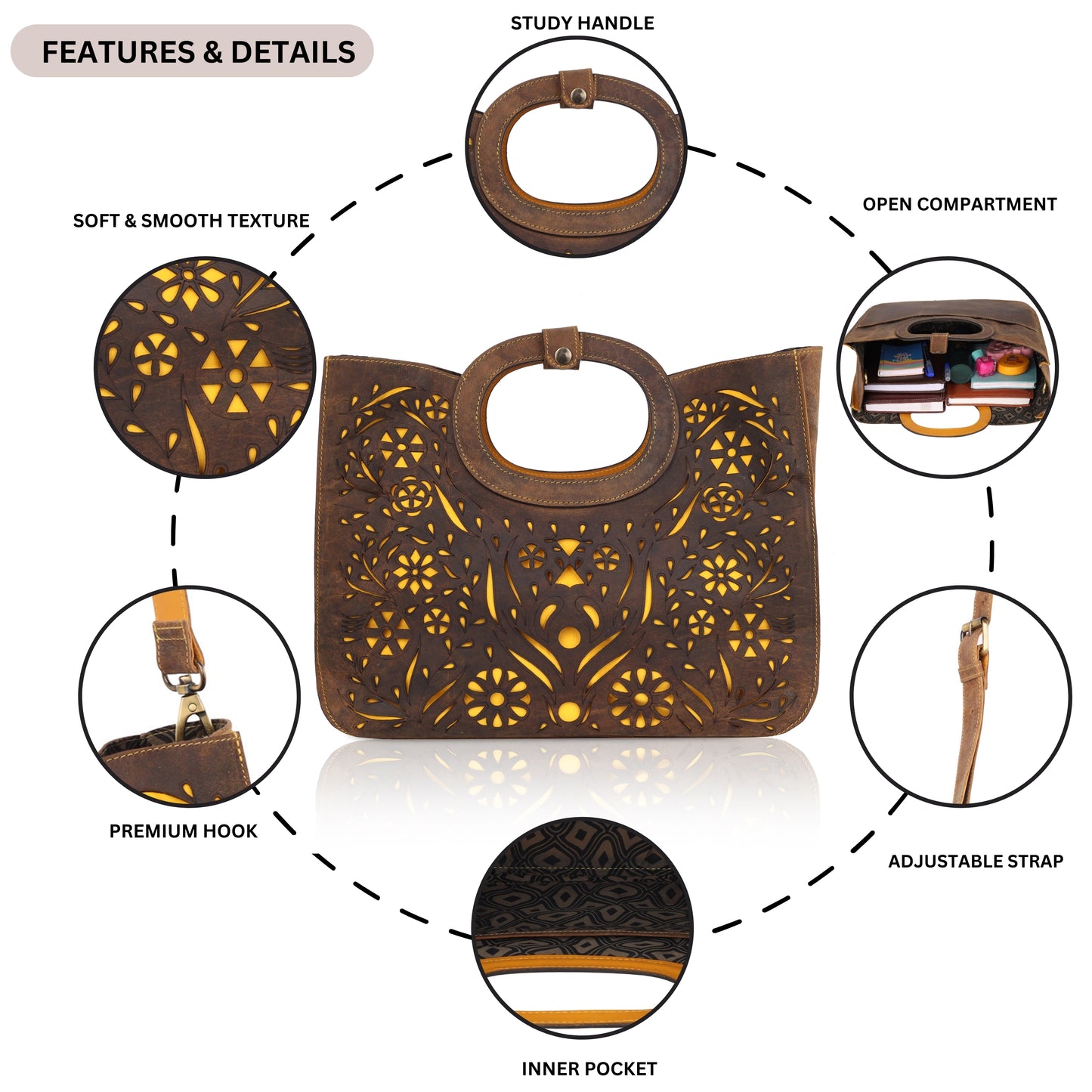 This unique tote bag features an intricate laser-cut floral pattern on rich brown leather, with a golden inner lining that shines through the cutwork for a striking effect
