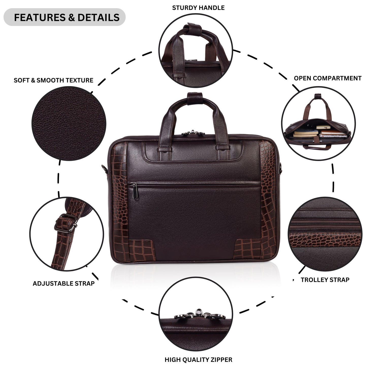 Luxury Dark Brown Leather Laptop Bag with Crocodile-Embossed Design – 16 Inch Business Bag