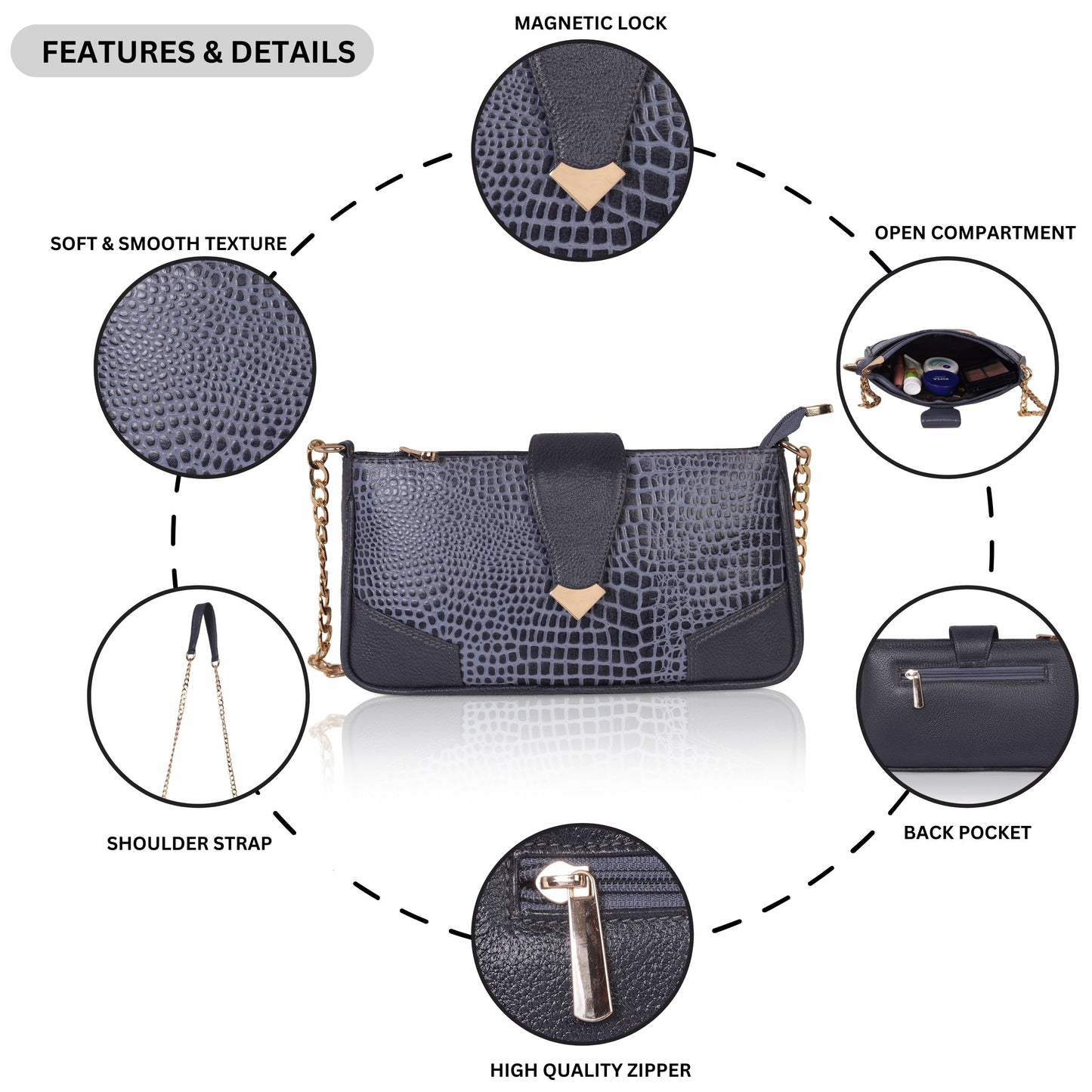 👜 Denion Elegant Croc-Textured Leather Sling Bag – Stylish Shoulder & Crossbody Bag with Gold Chain for Women