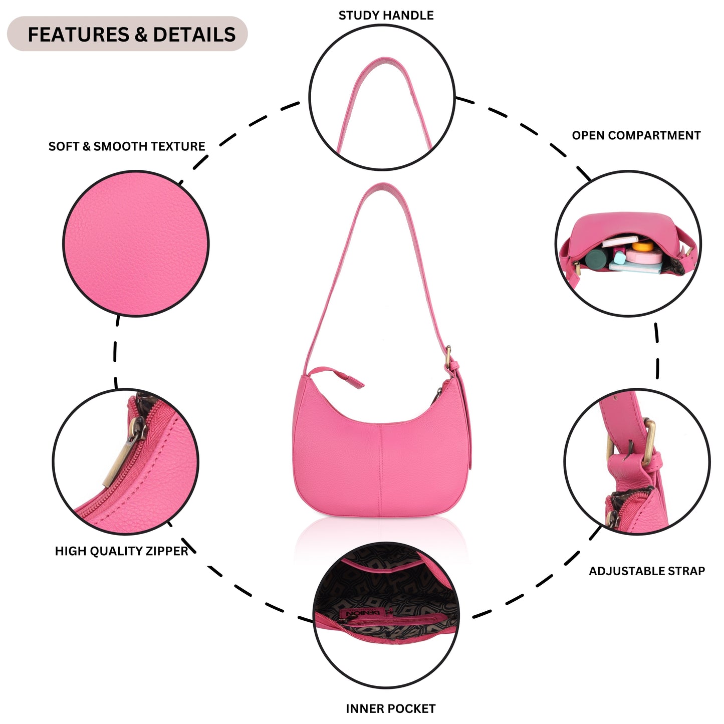 Denion Women’s Pink Leather Shoulder Bag – Trendy Underarm Handbag with Zipper Closure, Compact & Chic Everyday Purse