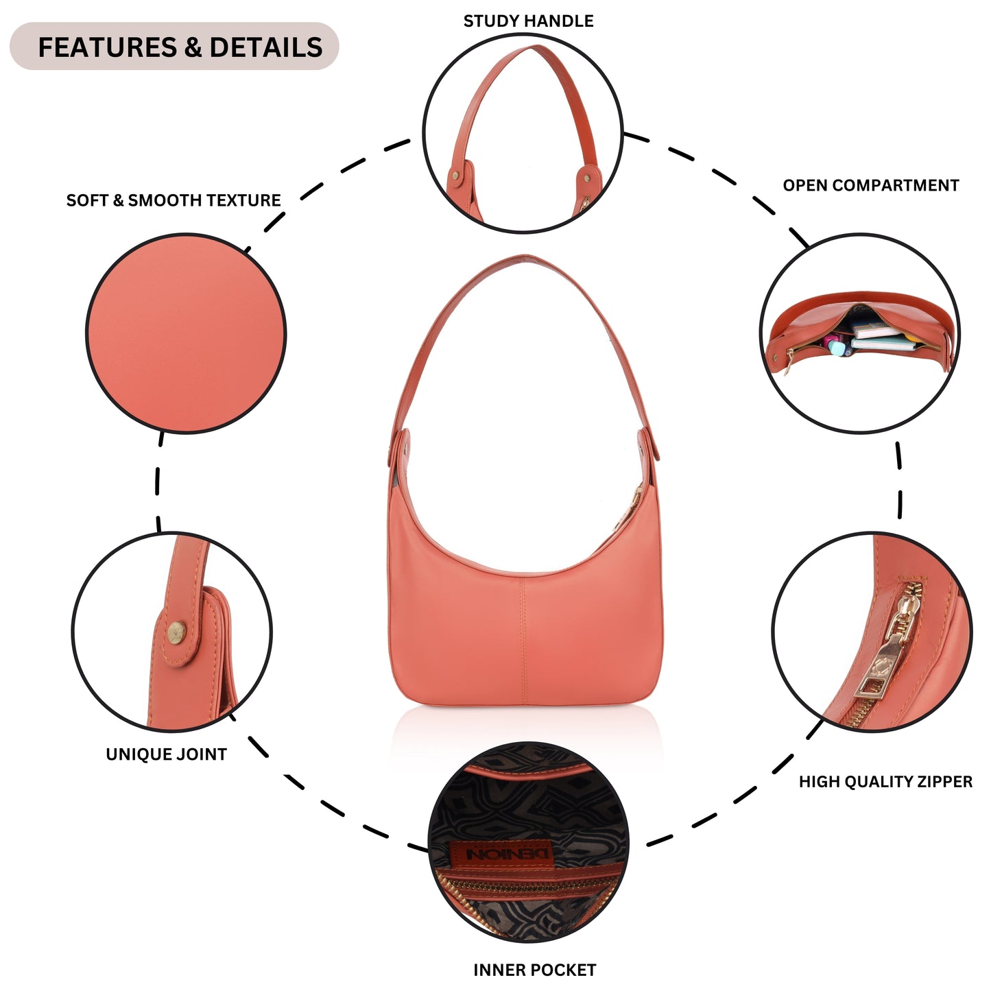 Denion Coral Orange Leather Shoulder & Underarm Bag – Chic Handbag for Women