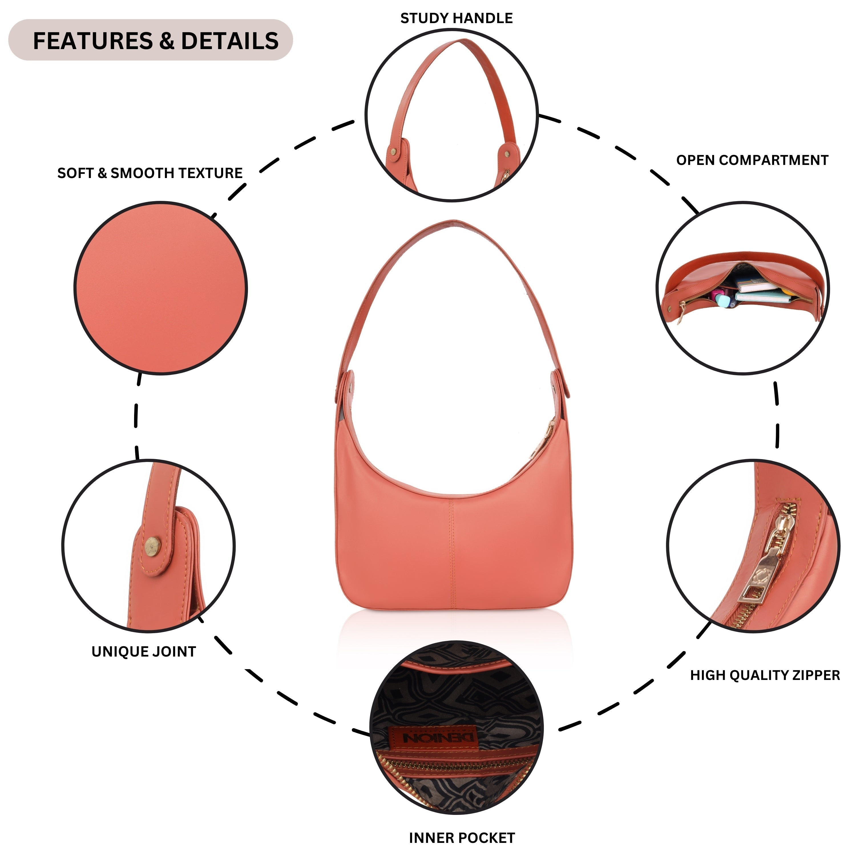 Denion Coral Orange Leather Shoulder & Underarm Bag – Chic Handbag for Women