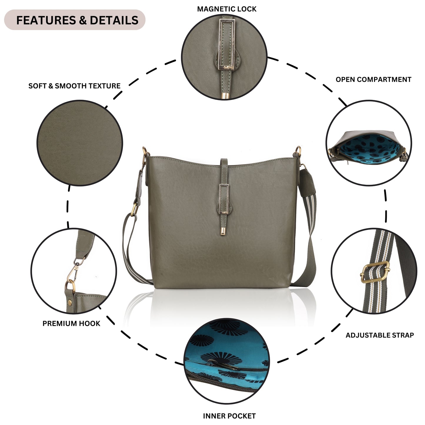 👜 Denion Olive Green Leather Crossbody Sling Bag – Stylish Shoulder Bag for Women