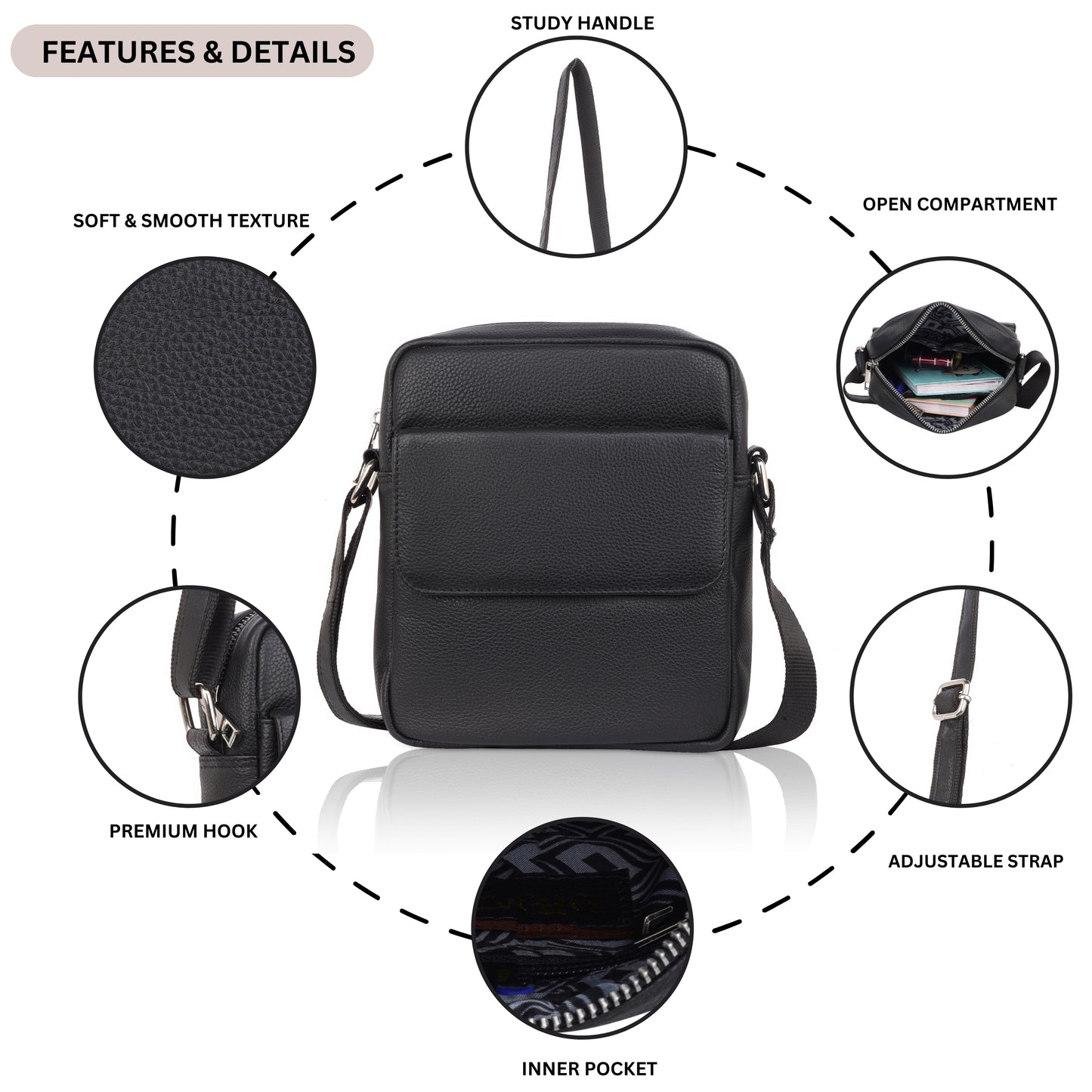 Denion Men’s Black Leather Crossbody Sling Bag – Stylish Shoulder & Messenger Bag for Travel, Office & Everyday Use