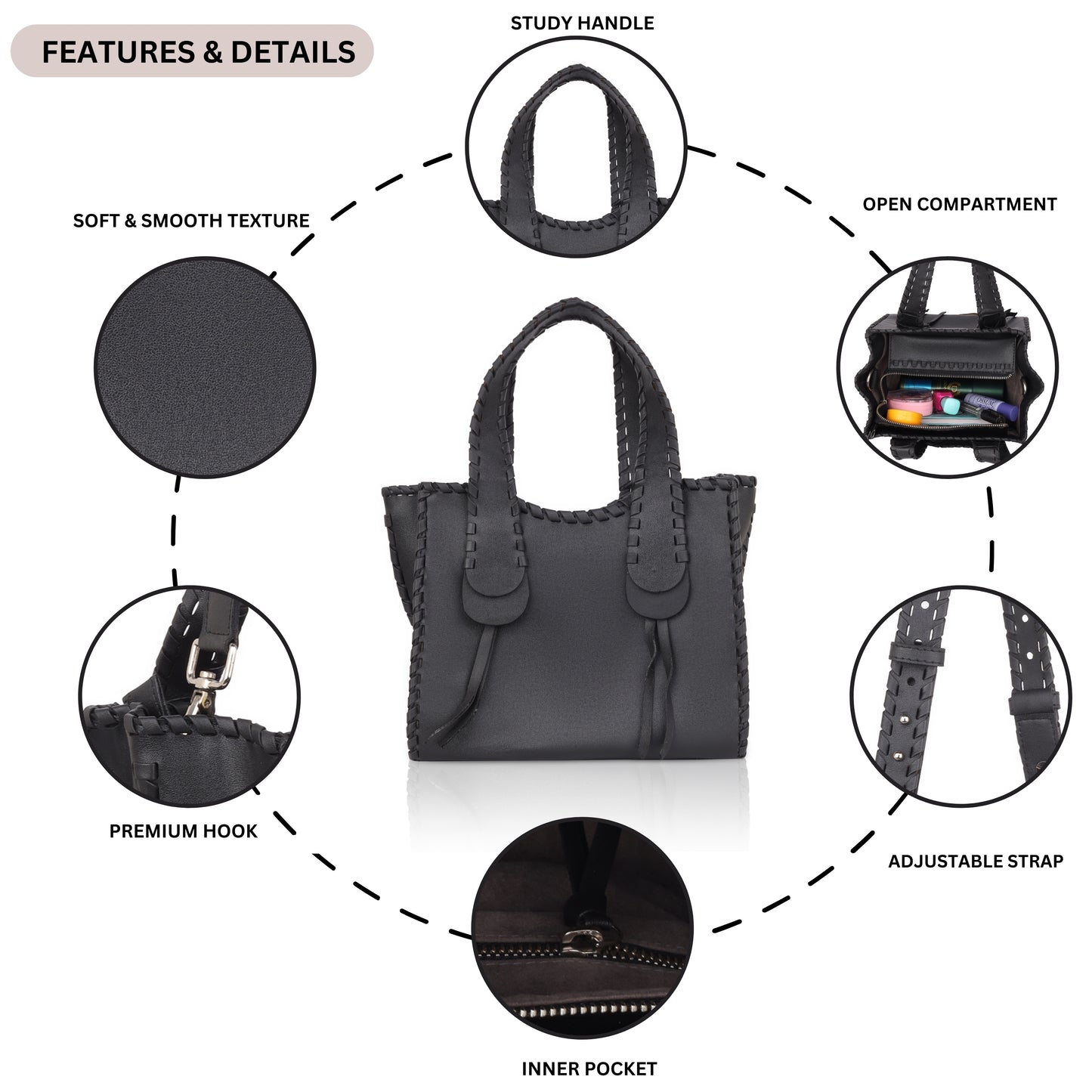 Denion Stylish Black Leather Tote – Handwoven Design Shoulder & Handbag for Women