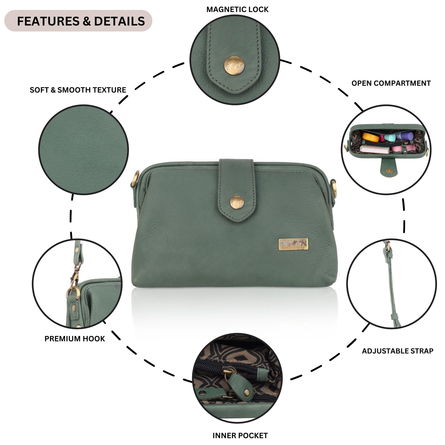 Denion Women’s Green Leather Sling & Crossbody Bag – Compact Shoulder Handbag with Vintage Gold Detailing