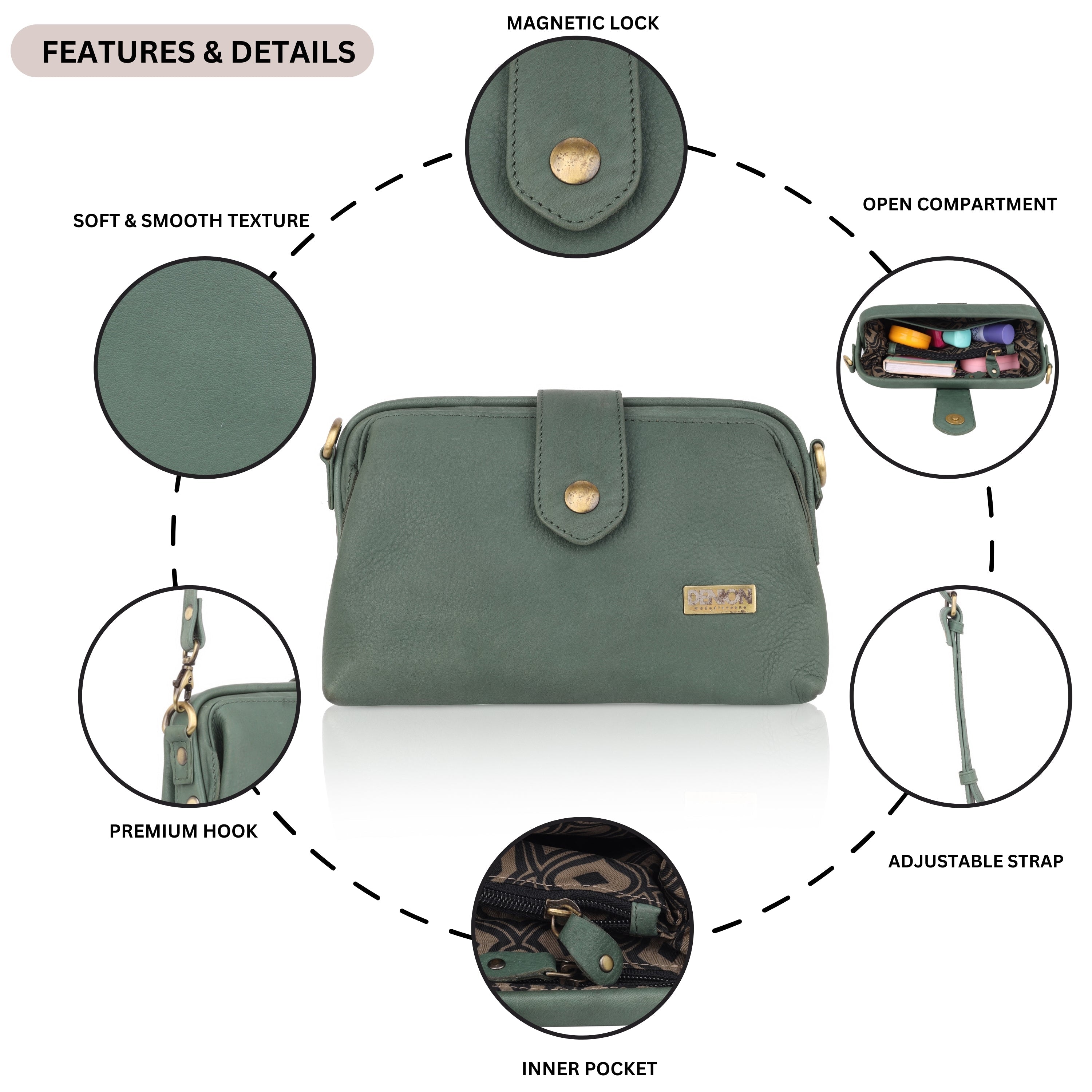 Denion Women’s Green Leather Sling & Crossbody Bag – Compact Shoulder Handbag with Vintage Gold Detailing