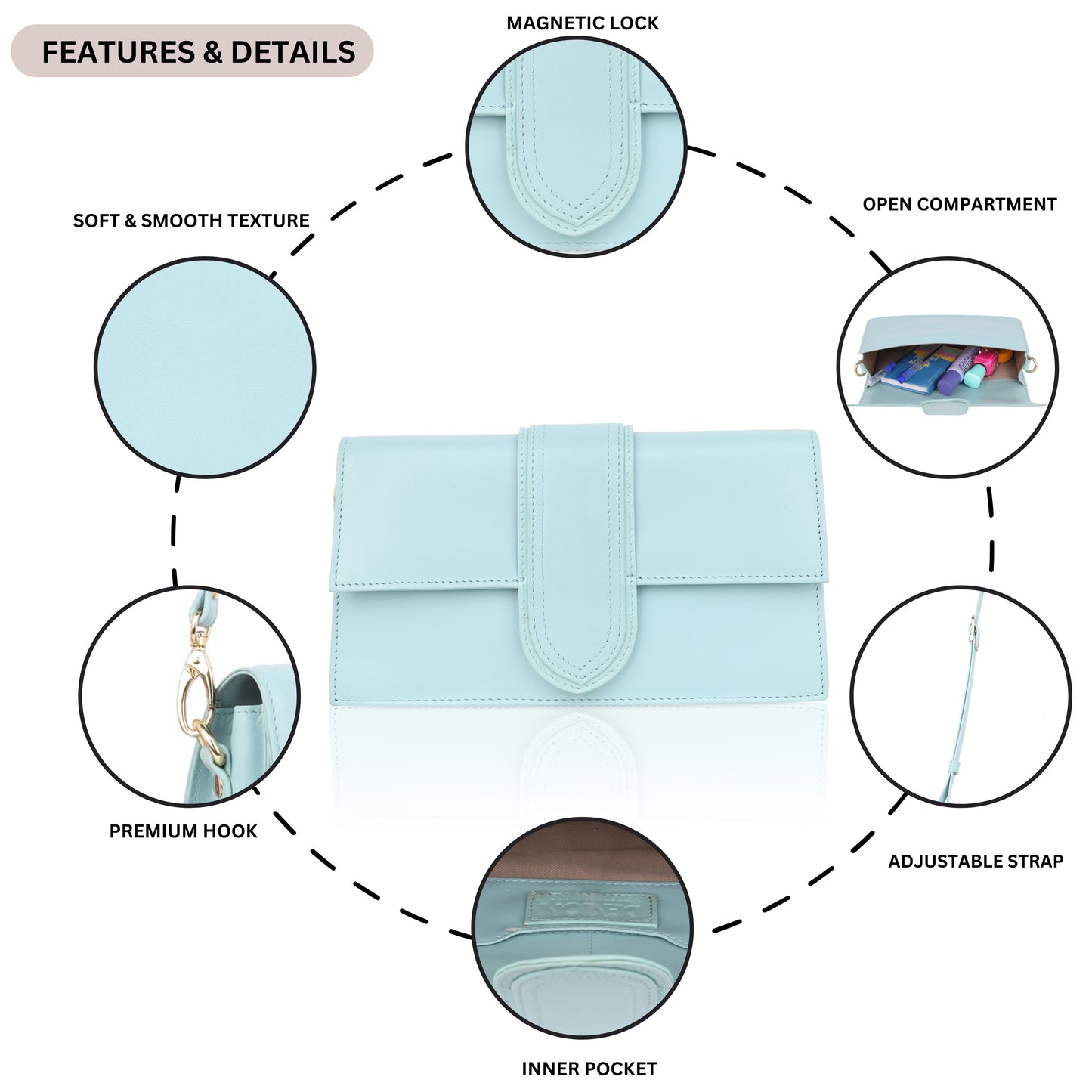 Denion Elegant Light Blue Leather Crossbody Sling Bag – Compact Shoulder Bag for Women