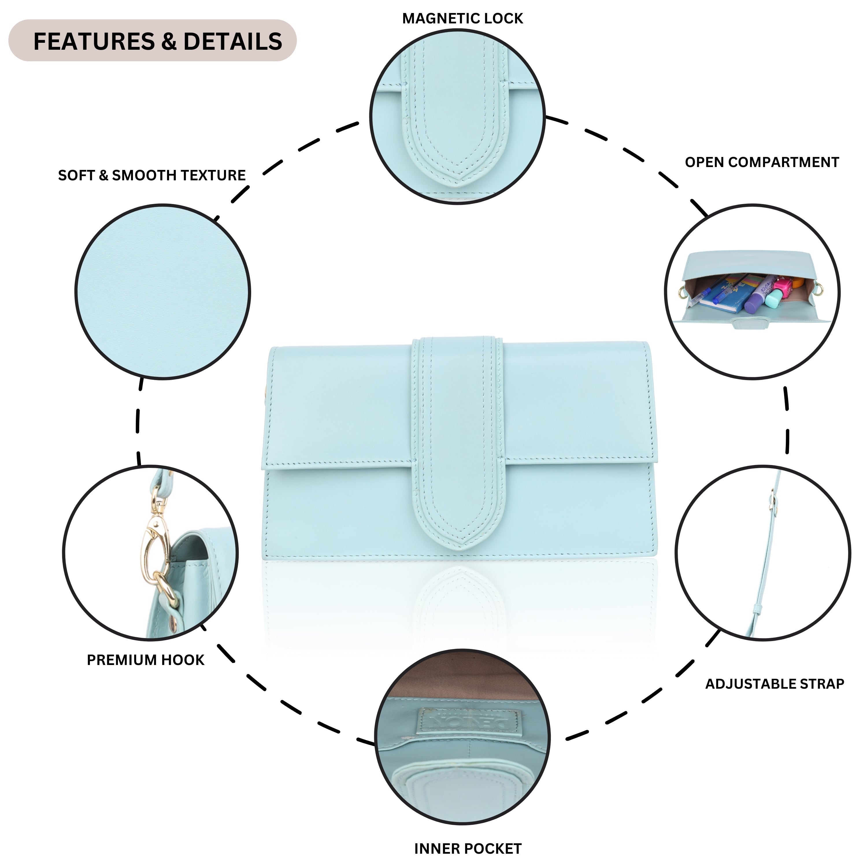 Denion Elegant Light Blue Leather Crossbody Sling Bag – Compact Shoulder Bag for Women