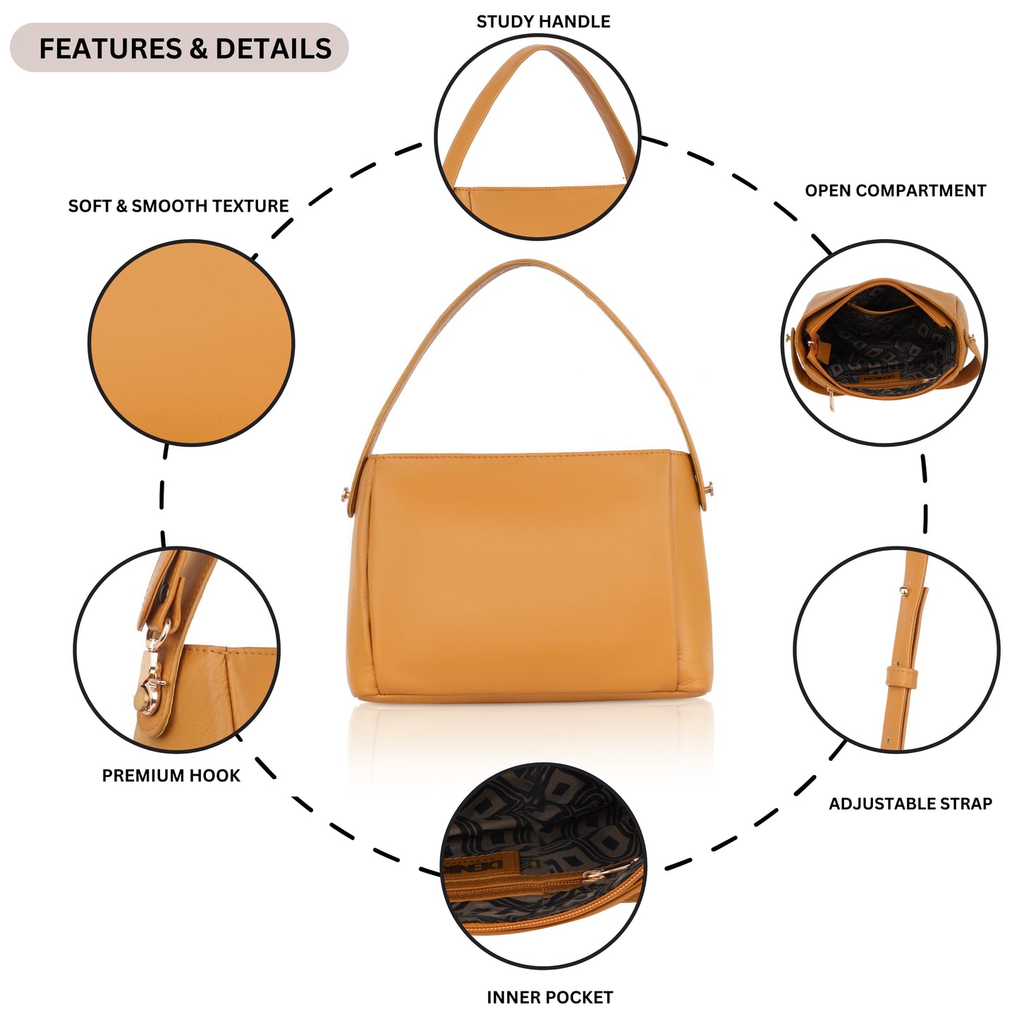 Denion Women’s Mustard Leather Handbag with Adjustable Strap – Elegant Shoulder Bag, Sling & Everyday Office Tote