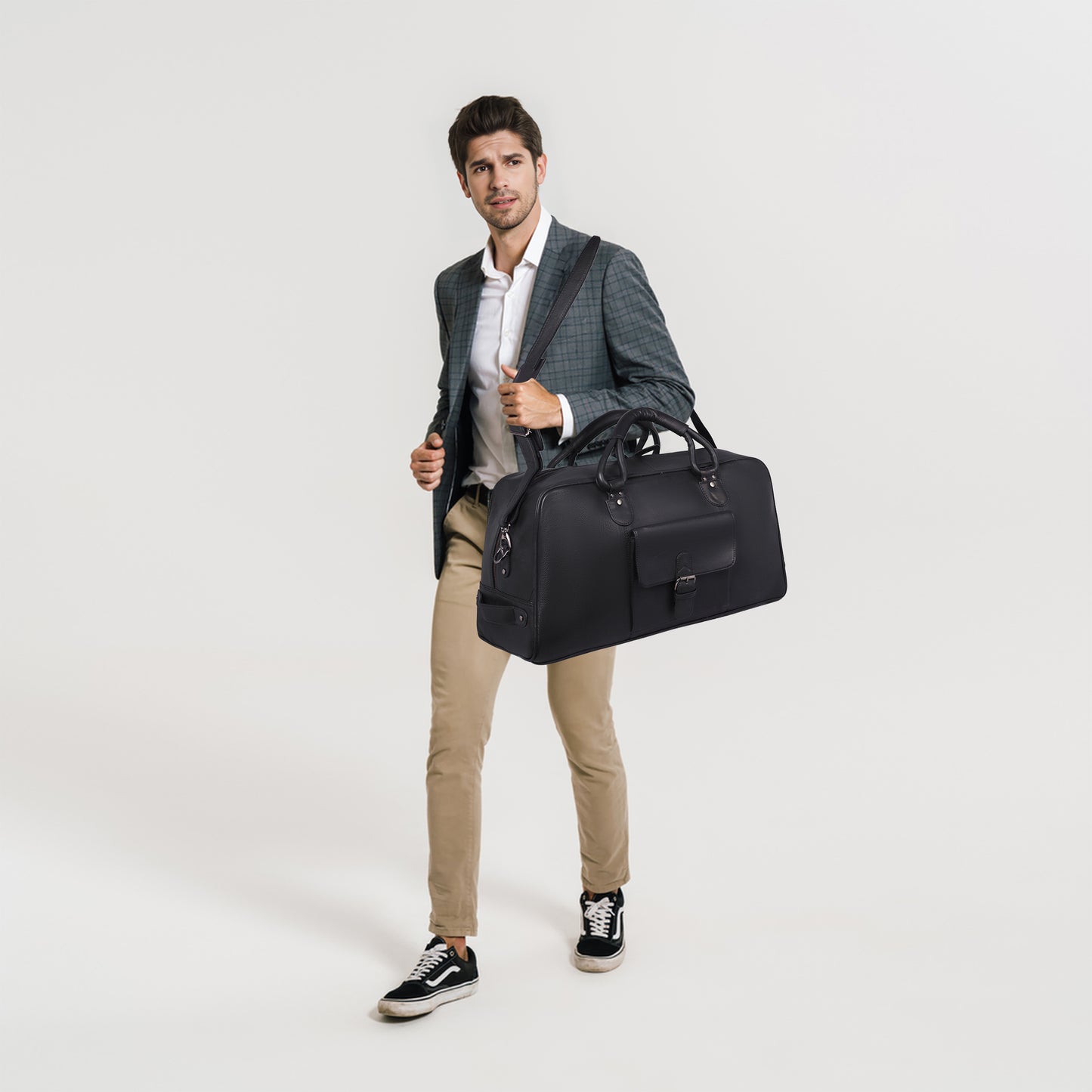 Denion Classic Black Leather Travel Duffel Bag with Shoulder Strap – Spacious Overnight & Weekender Bag"