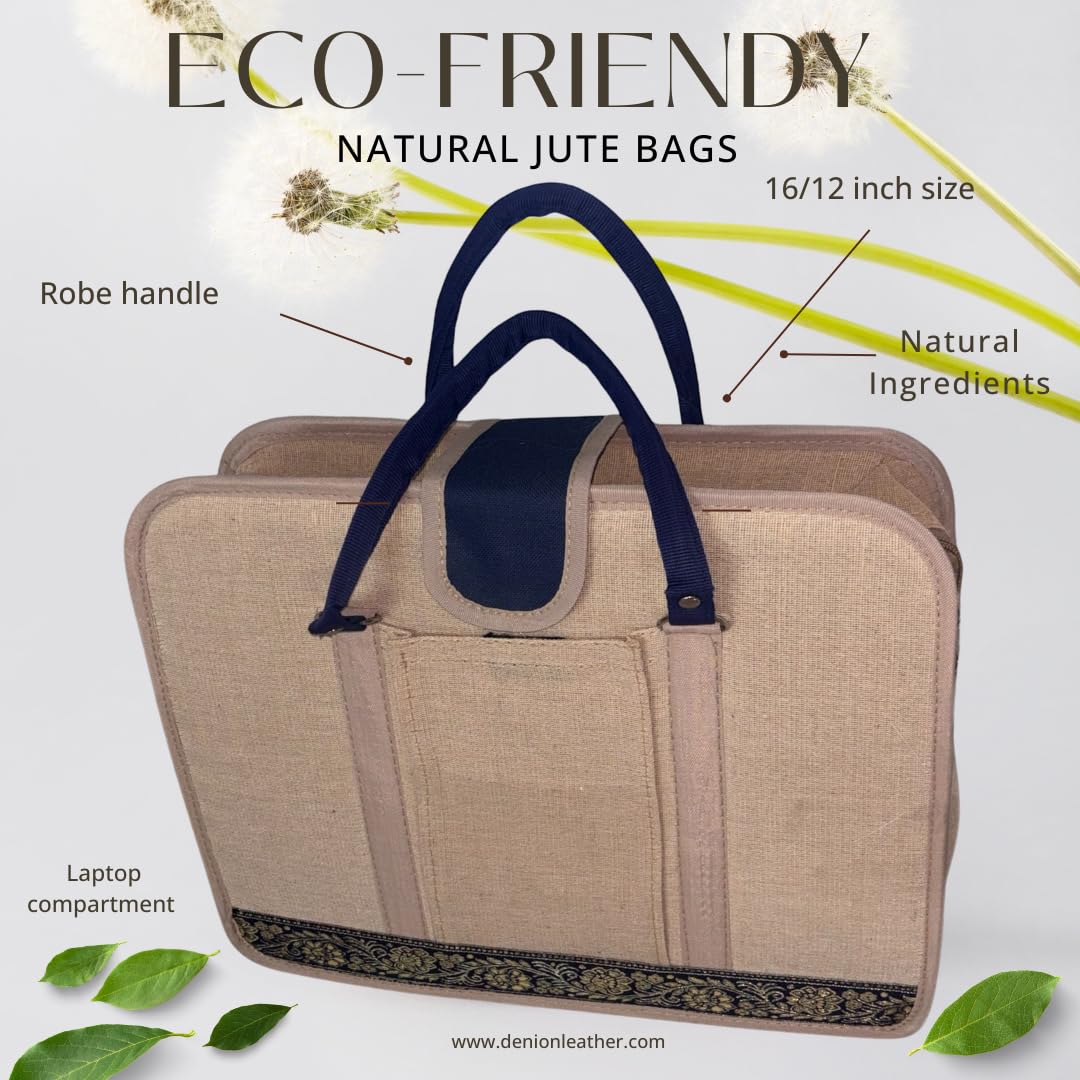 DENION Office Jute Laptop Messenger Bag for Men | Fits up to 16 Inch Laptops | 3 Compartments | 12x16x4 Inches Eco-Friendly Professional Shoulder &Hand Bag-Blue A